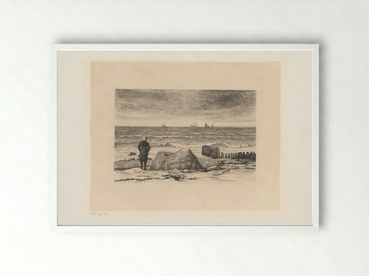 Kustwachter, uitkijkend over woelig water - Carl Bloch - Framed Print White