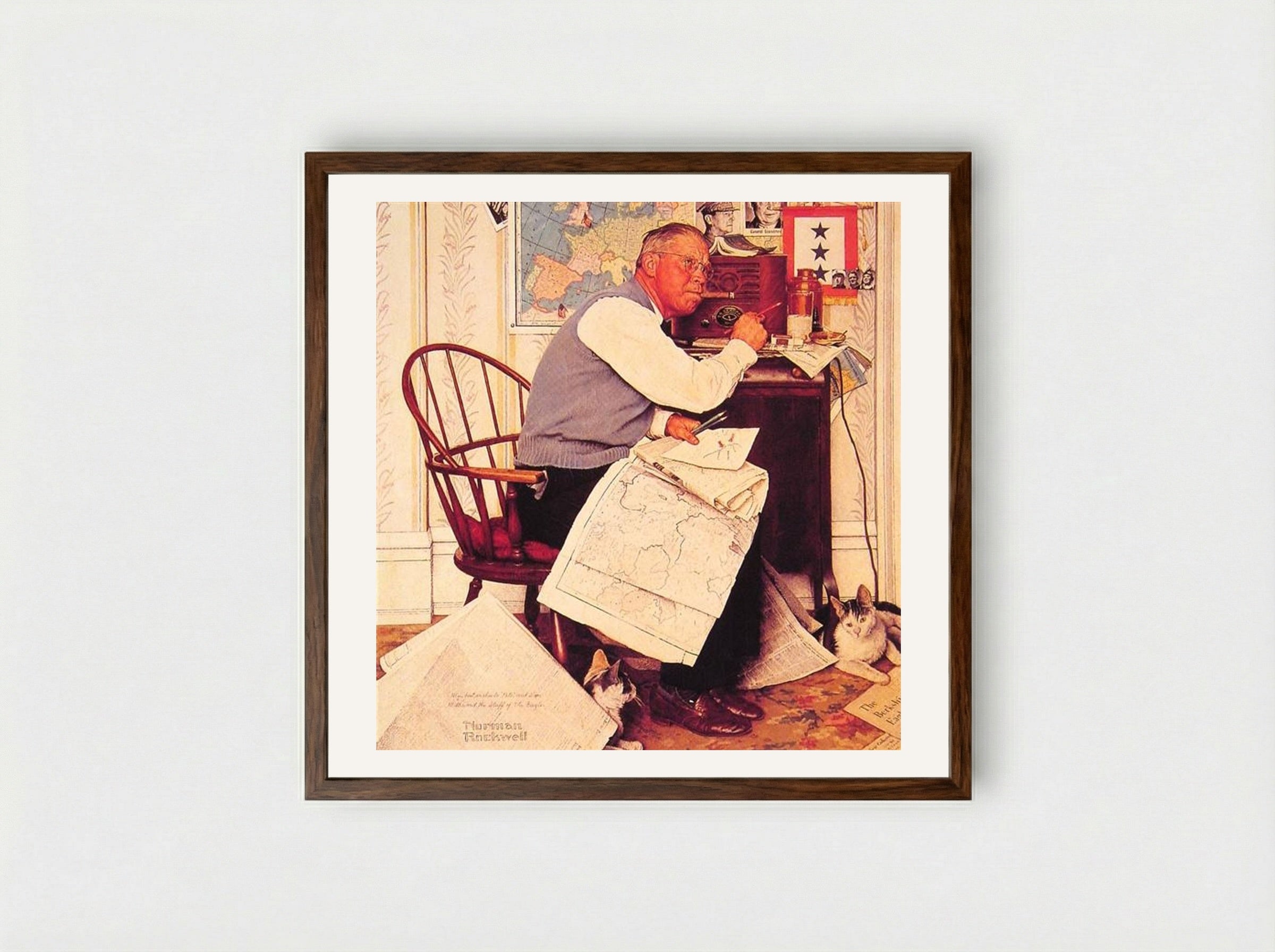 Man Charting War Maneuvers - Norman Rockwell - Framed Print Dark Wood