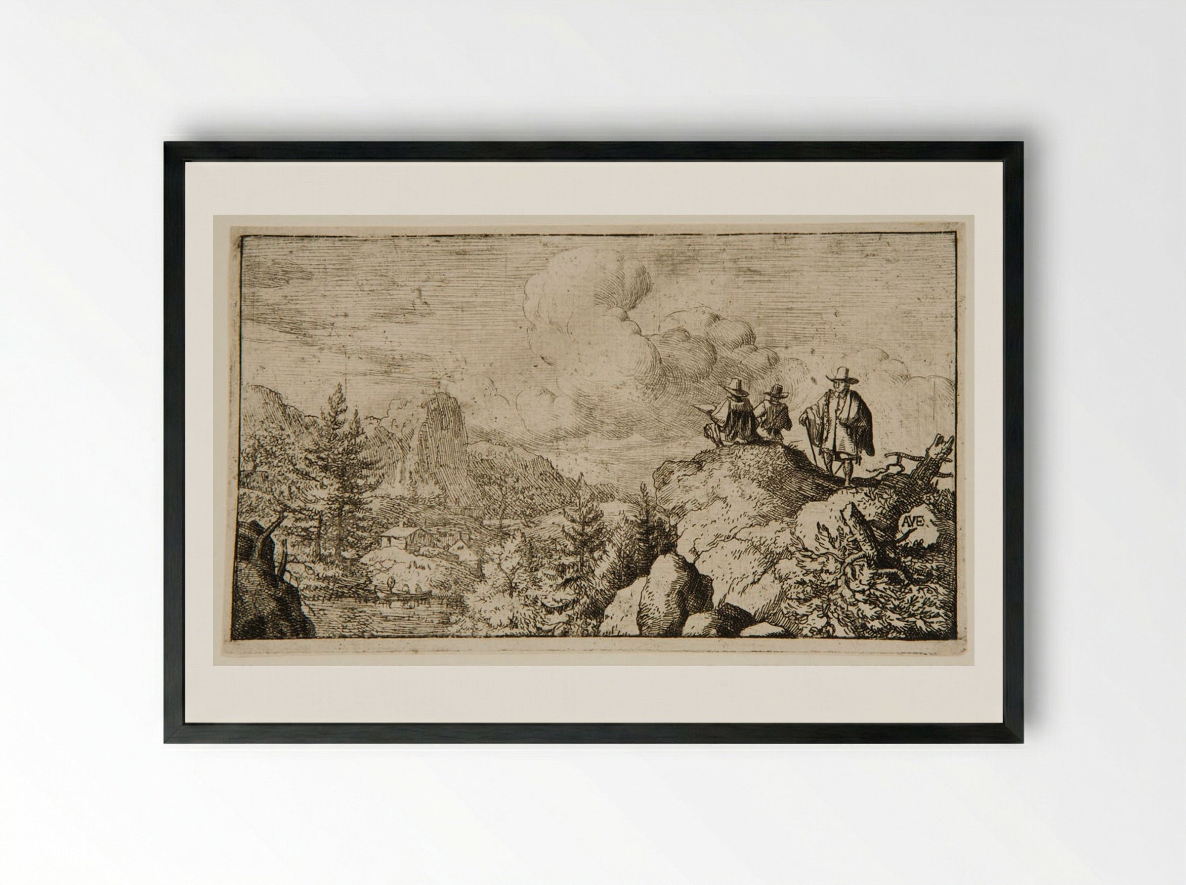 Watermill at the Foot of a Mountain, an Artist Sketching - Allart van Everdingen - Framed Print Black