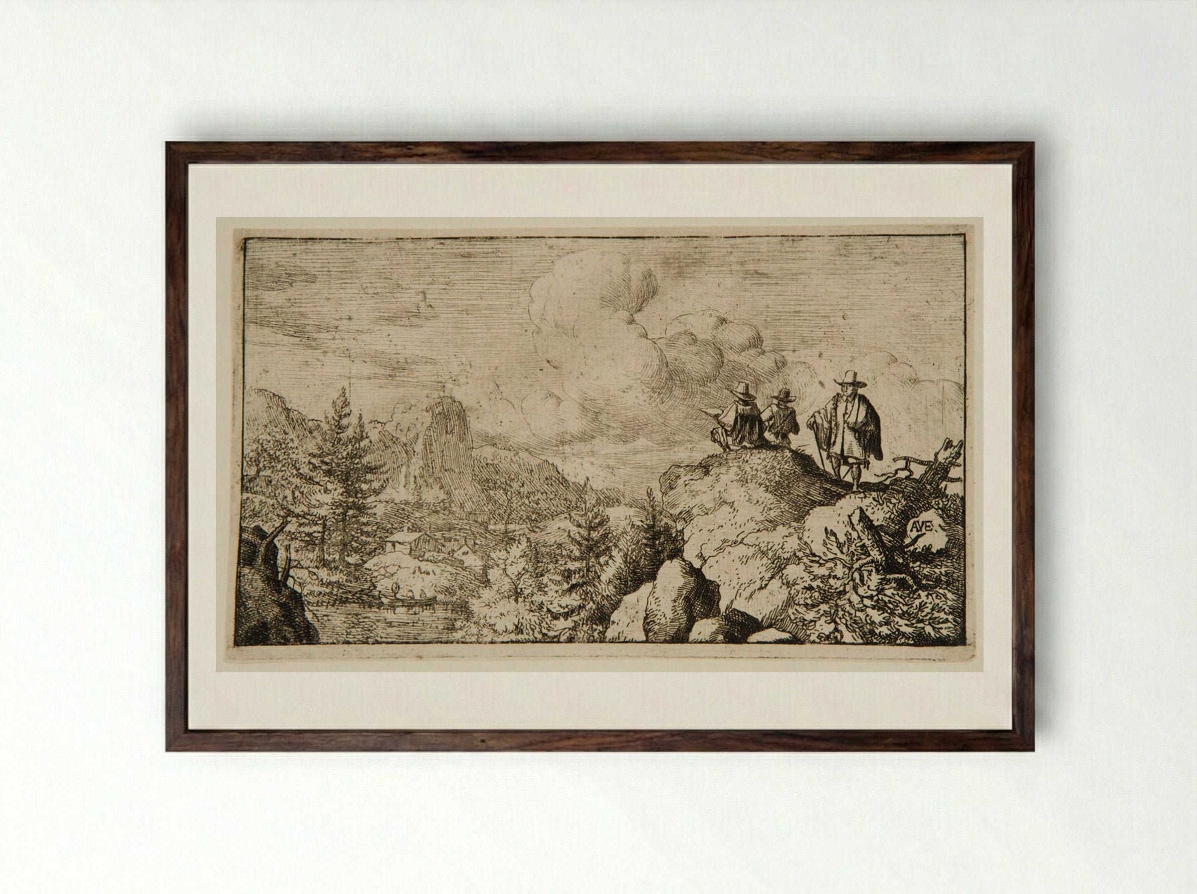 Watermill at the Foot of a Mountain, an Artist Sketching - Allart van Everdingen - Framed Print Dark Wood