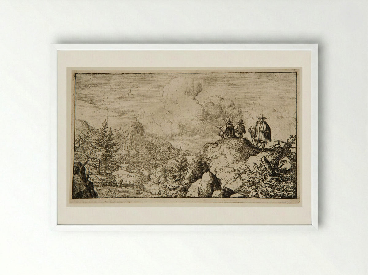 Watermill at the Foot of a Mountain, an Artist Sketching - Allart van Everdingen - Framed Print White