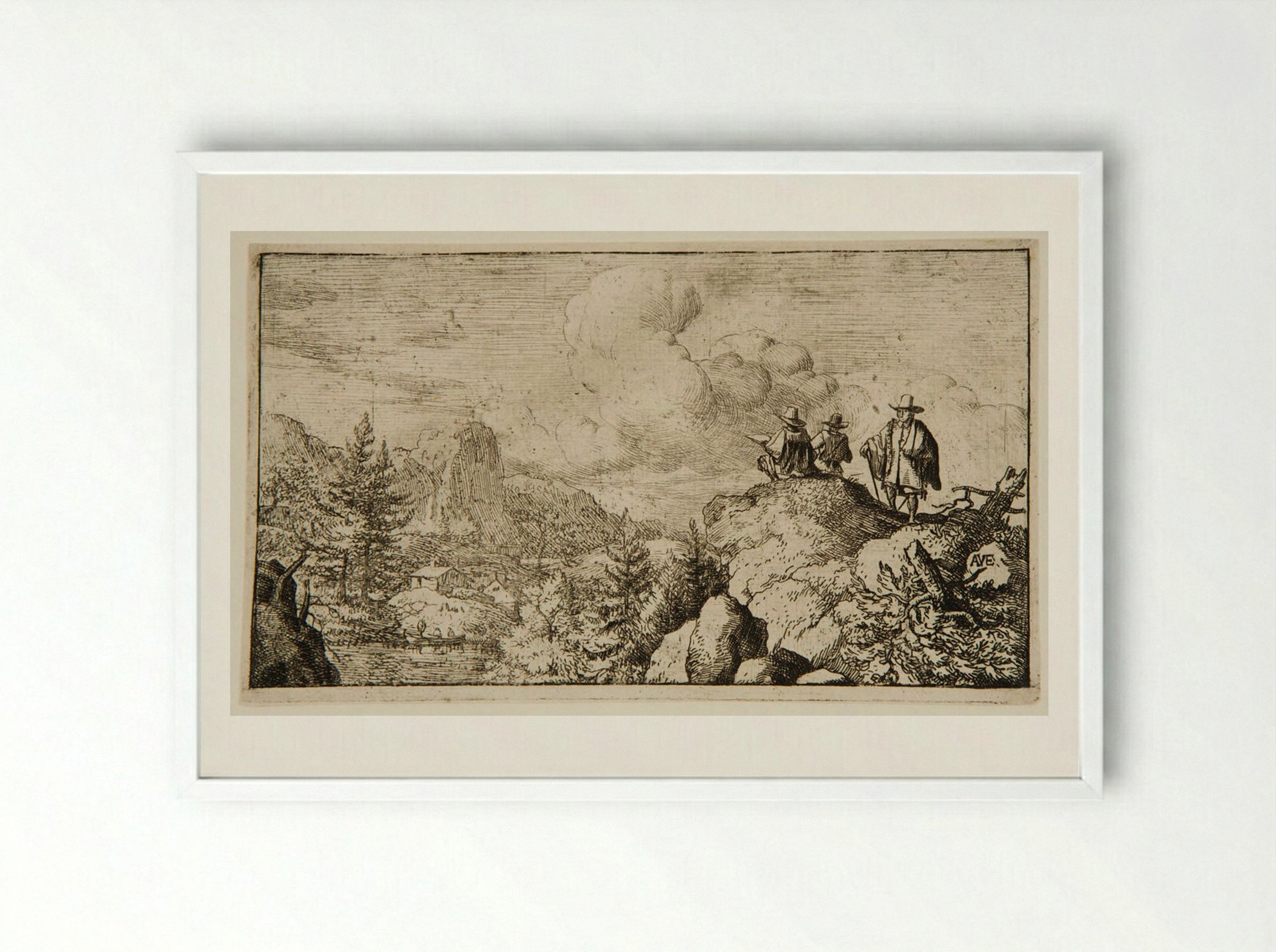Watermill at the Foot of a Mountain, an Artist Sketching - Allart van Everdingen - Framed Print White