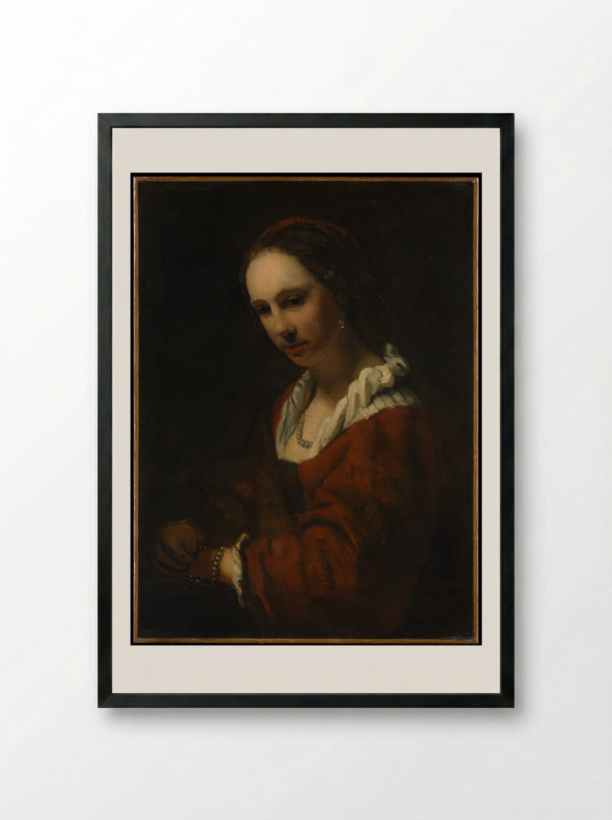 Young Woman with a Pearl Necklace - Willem Drost - Framed Print Black