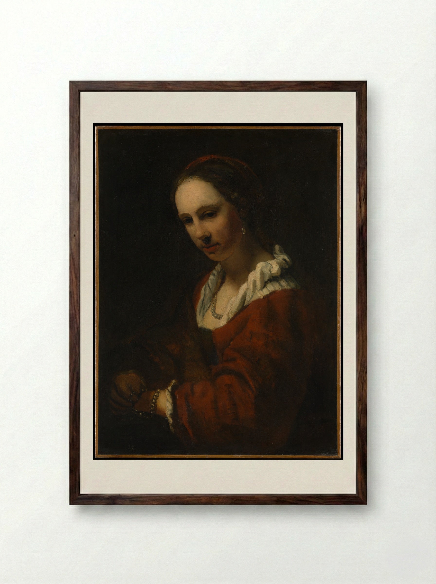 Young Woman with a Pearl Necklace - Willem Drost - Framed Print Dark Wood