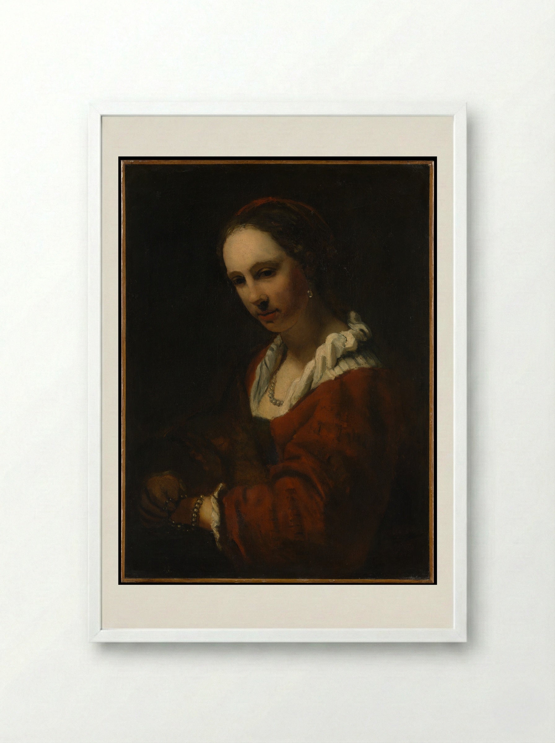 Young Woman with a Pearl Necklace - Willem Drost - Framed Print White