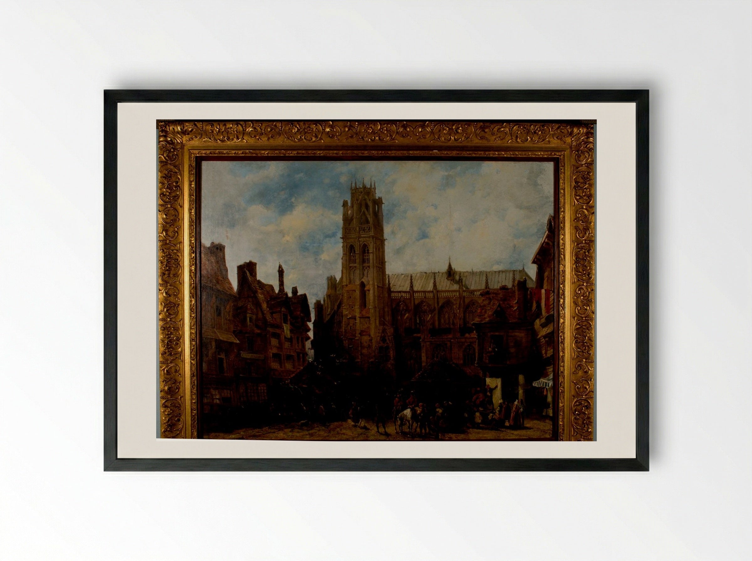 Cathedral of Notre Dame and Market Place at Caudebec-en-Caux - Richard Parkes Bonington - Framed Print Black