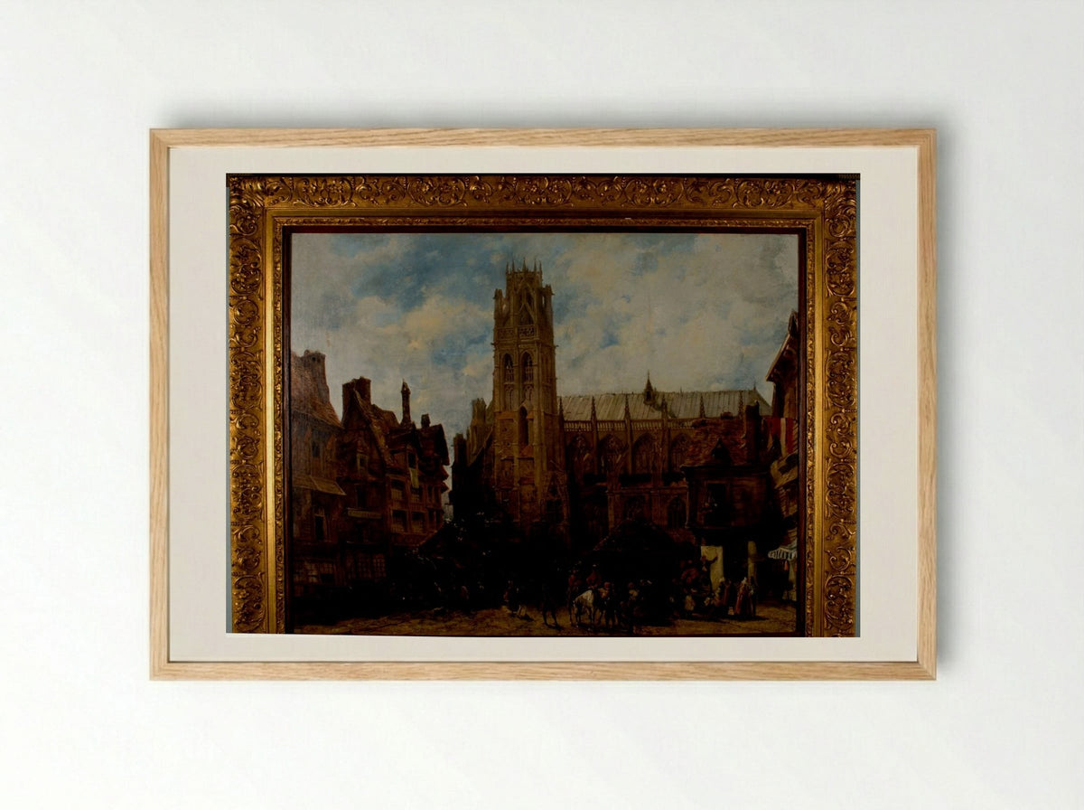 Cathedral of Notre Dame and Market Place at Caudebec-en-Caux - Richard Parkes Bonington - Framed Print Wood