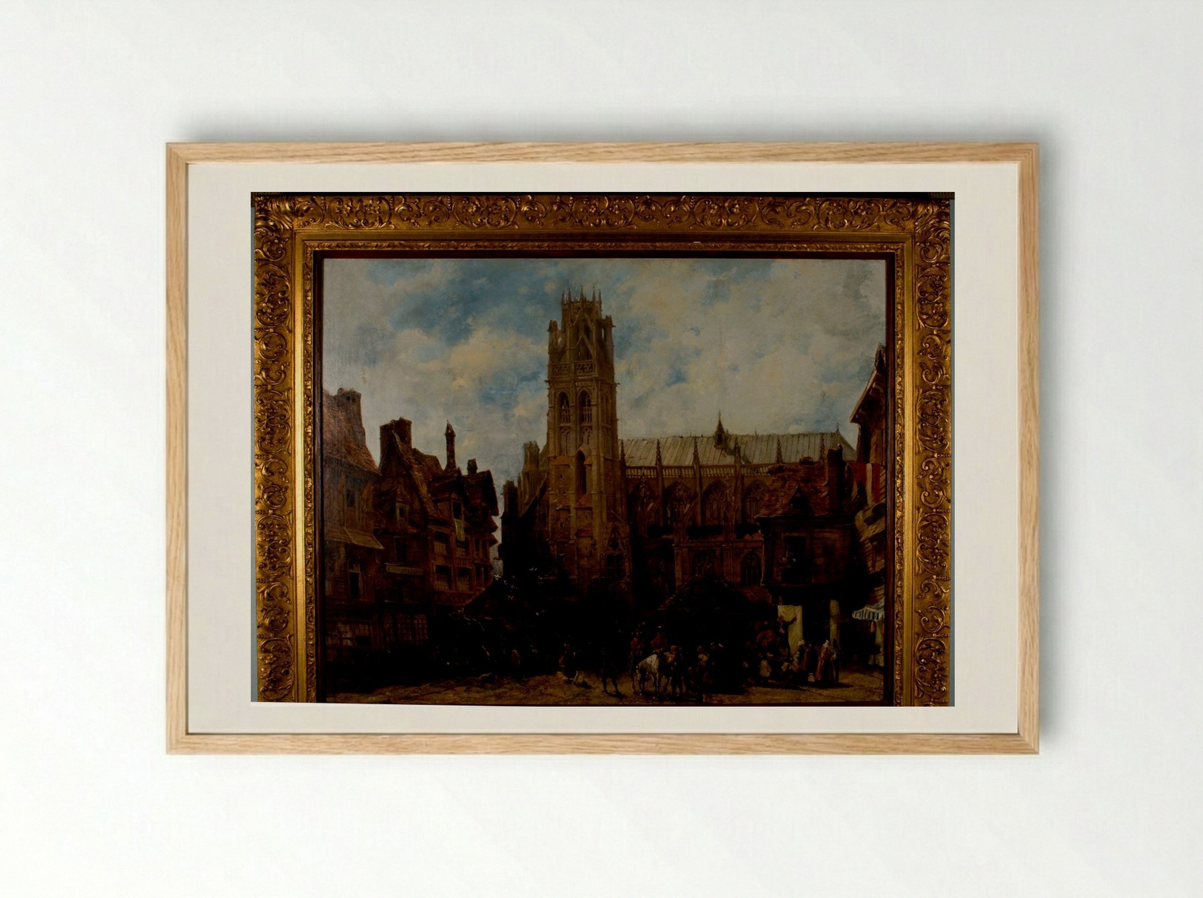 Cathedral of Notre Dame and Market Place at Caudebec-en-Caux - Richard Parkes Bonington - Framed Print Wood