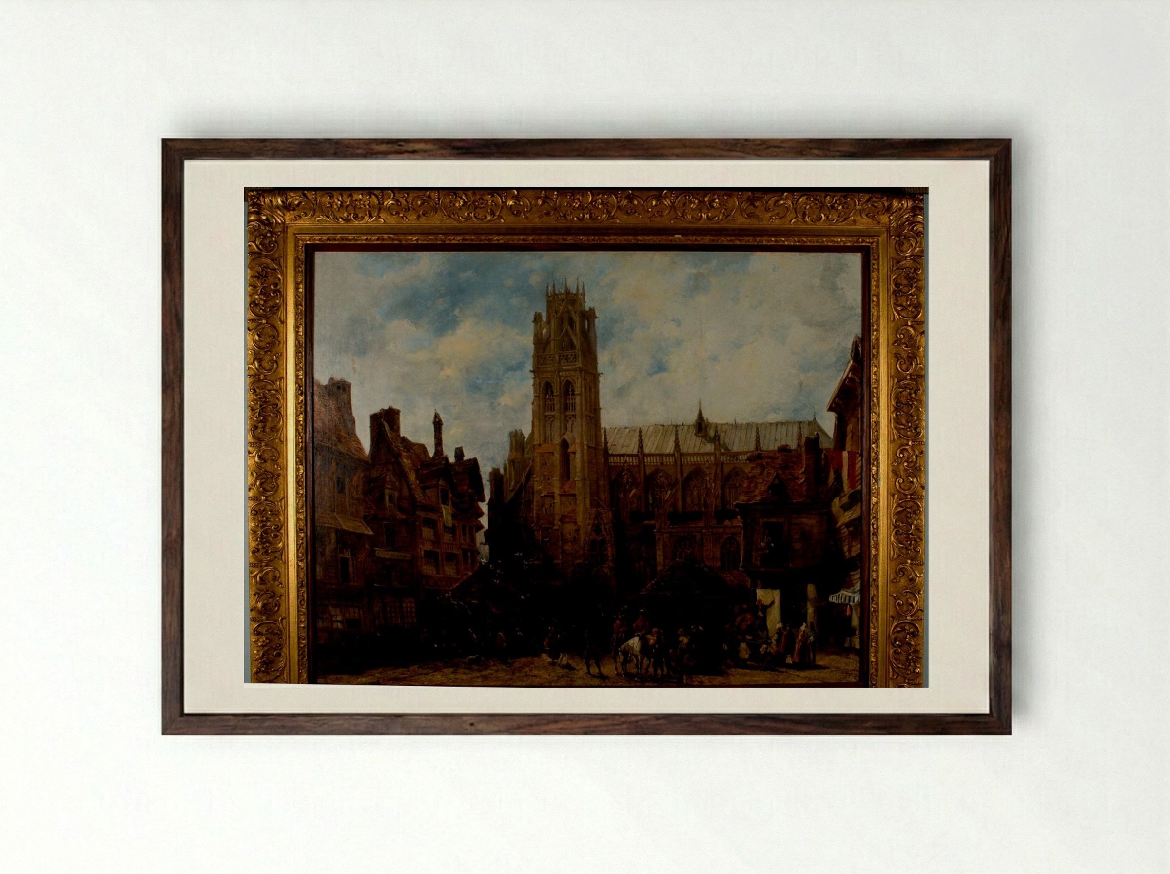 Cathedral of Notre Dame and Market Place at Caudebec-en-Caux - Richard Parkes Bonington - Framed Print Dark Wood