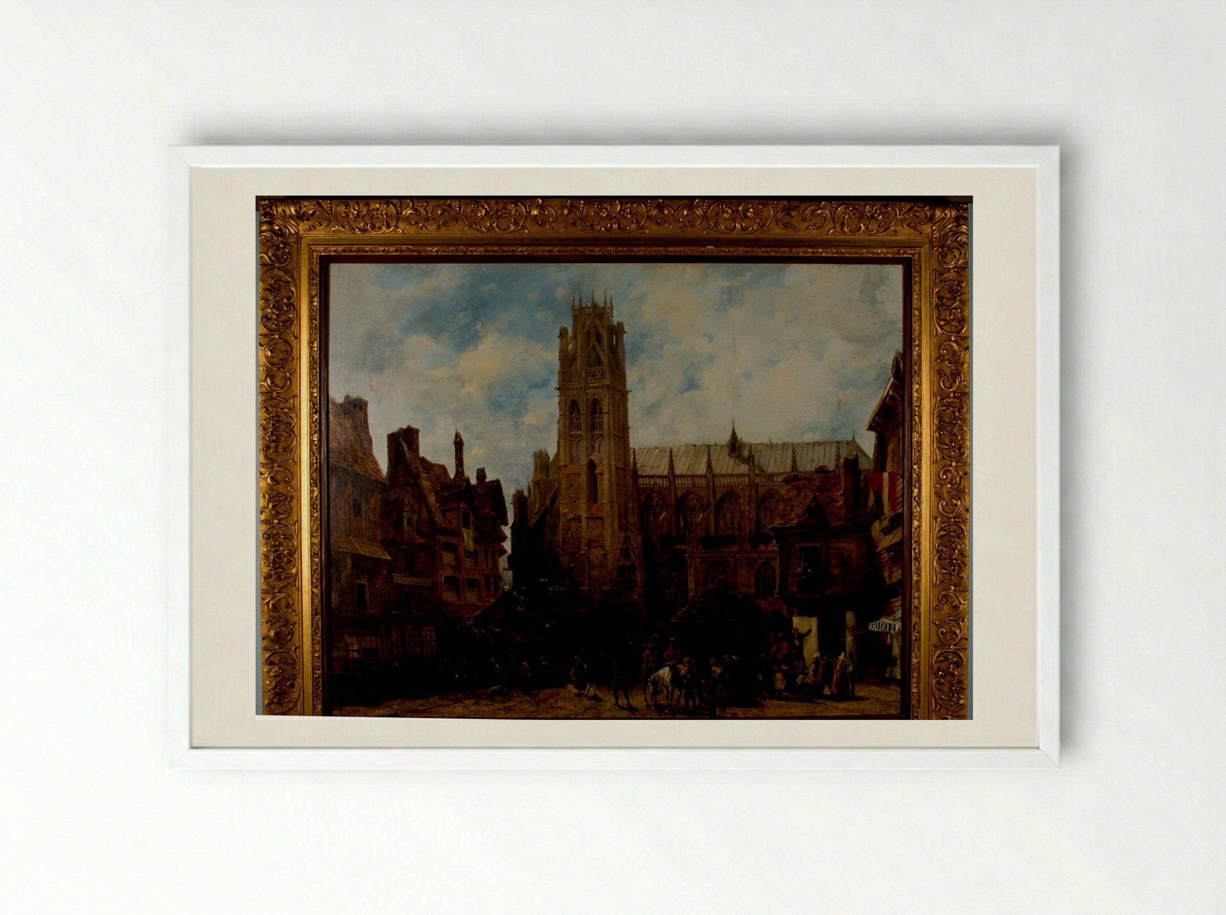 Cathedral of Notre Dame and Market Place at Caudebec-en-Caux - Richard Parkes Bonington - Framed Print White