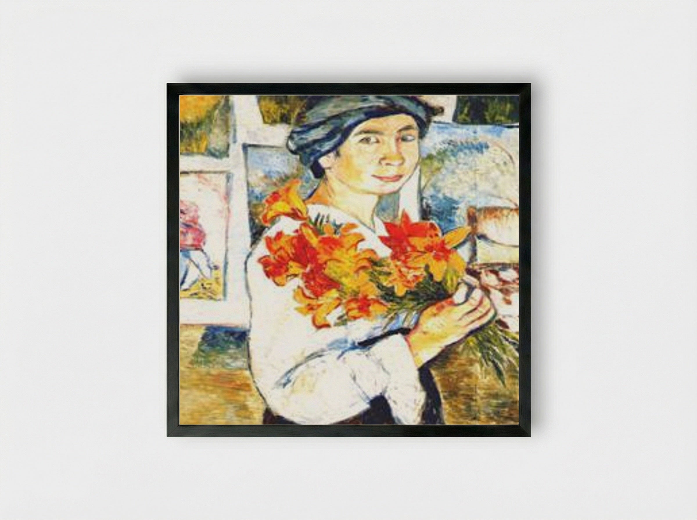 Self-portrait with yellow lilies - Natalia Goncharova - Framed Print Black