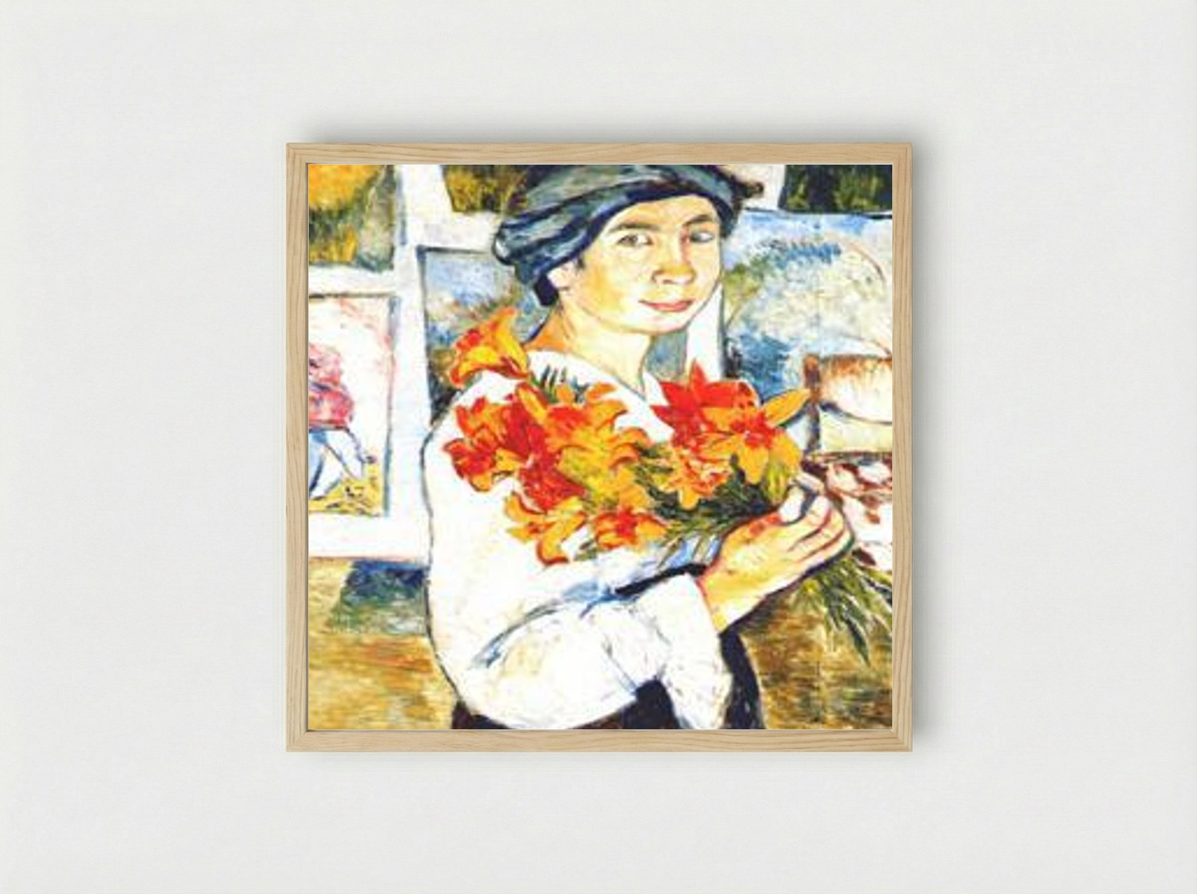 Self-portrait with yellow lilies - Natalia Goncharova - Framed Print Wood