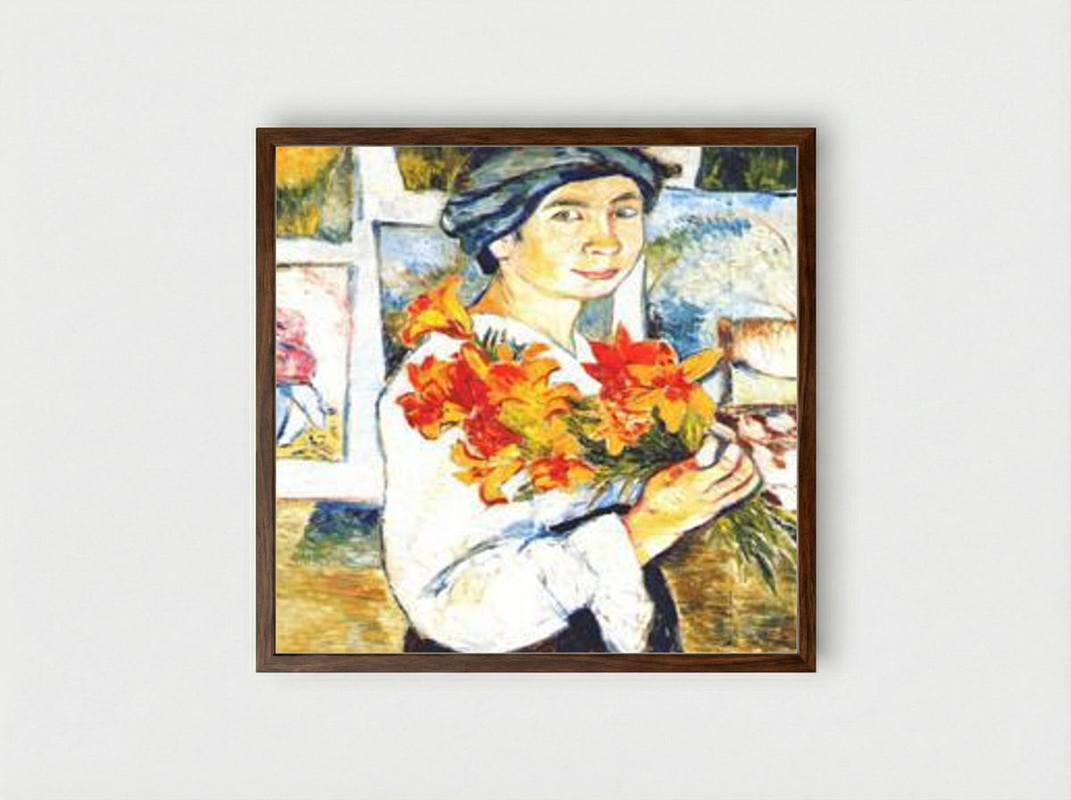 Self-portrait with yellow lilies - Natalia Goncharova - Framed Print Dark Wood