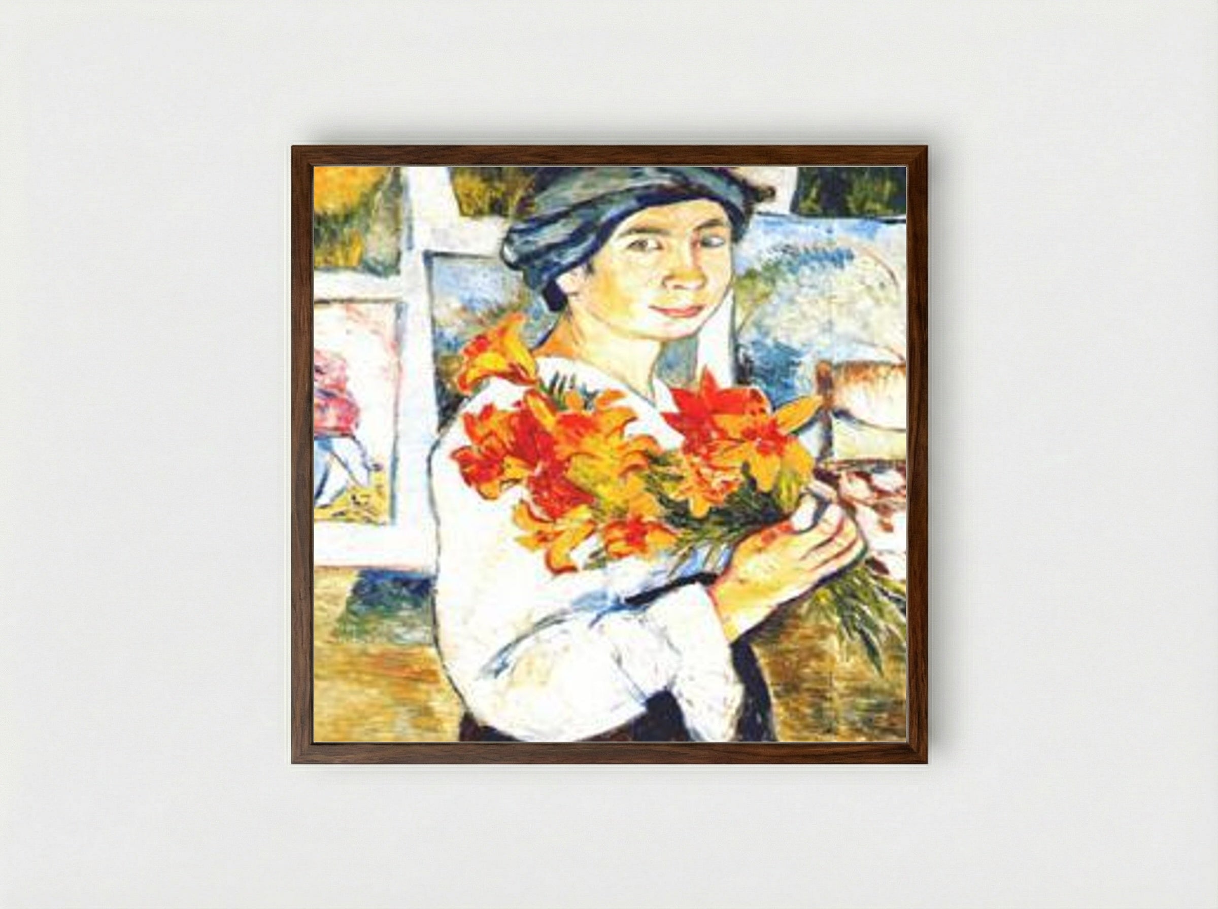 Self-portrait with yellow lilies - Natalia Goncharova - Framed Print Dark Wood