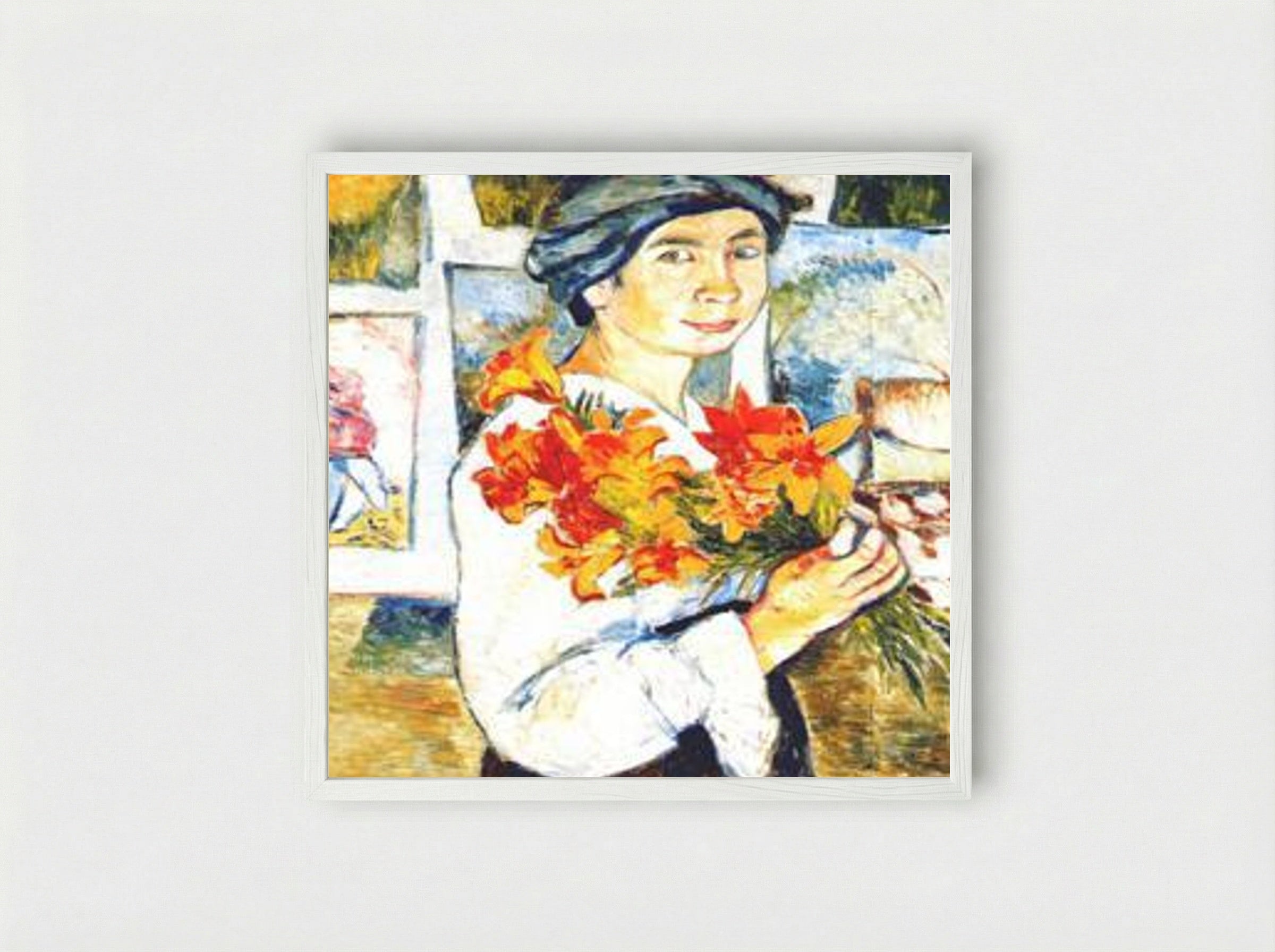 Self-portrait with yellow lilies - Natalia Goncharova - Framed Print White