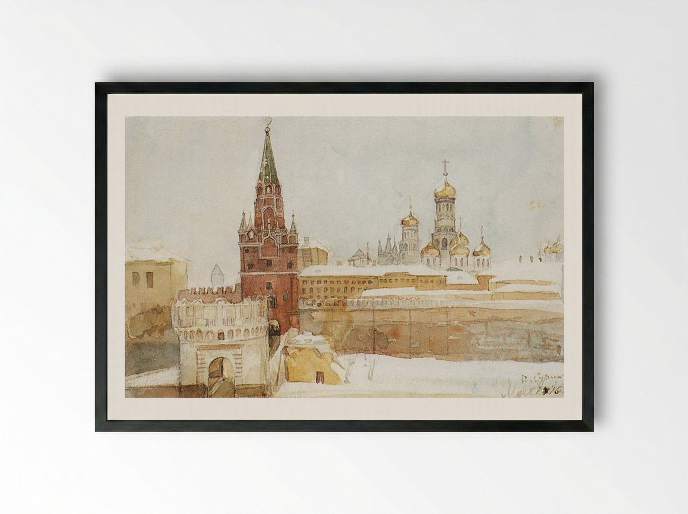 View of the Kremlin in Winter - Vasily Surikov - Framed Print Black