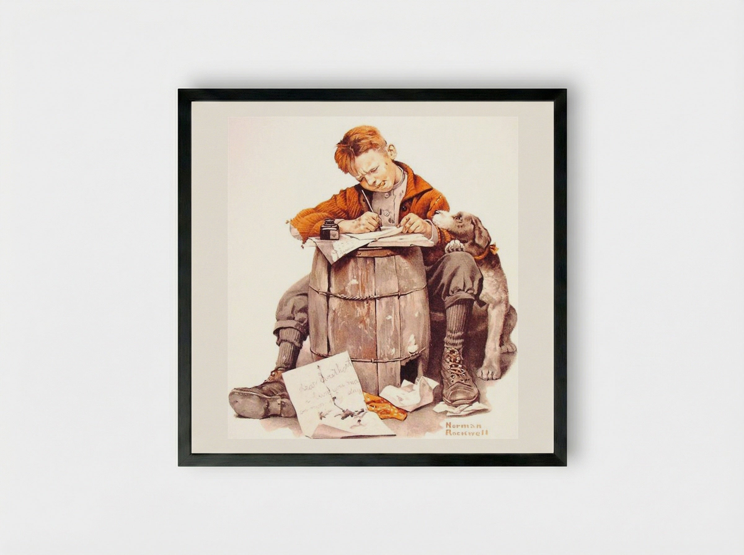 Boy Writing Letter - Norman Rockwell - Framed Print Black