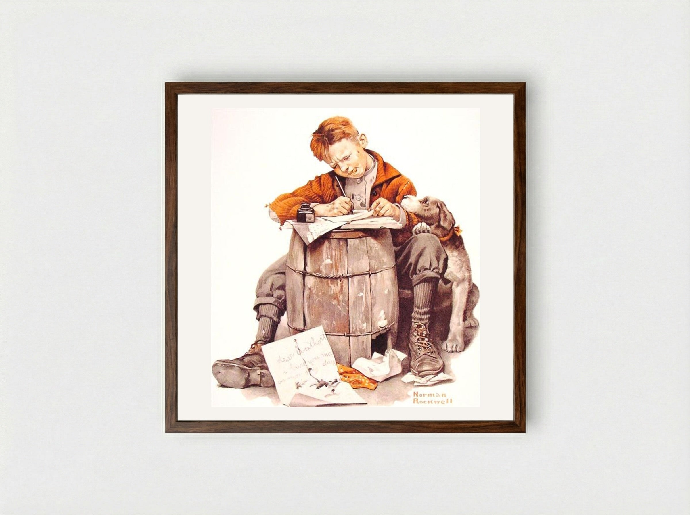 Boy Writing Letter - Norman Rockwell - Framed Print Dark Wood