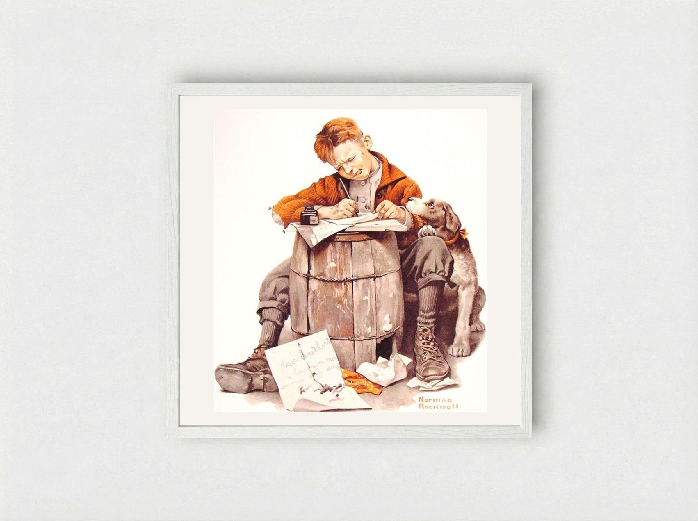 Boy Writing Letter - Norman Rockwell - Framed Print White