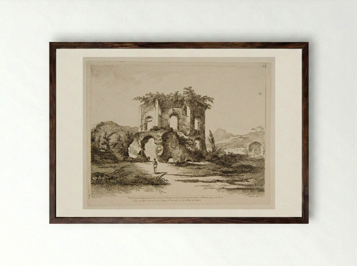 Ruins of a Temple on the Shore near Naples - Adélaide Allou - Framed Print Dark Wood