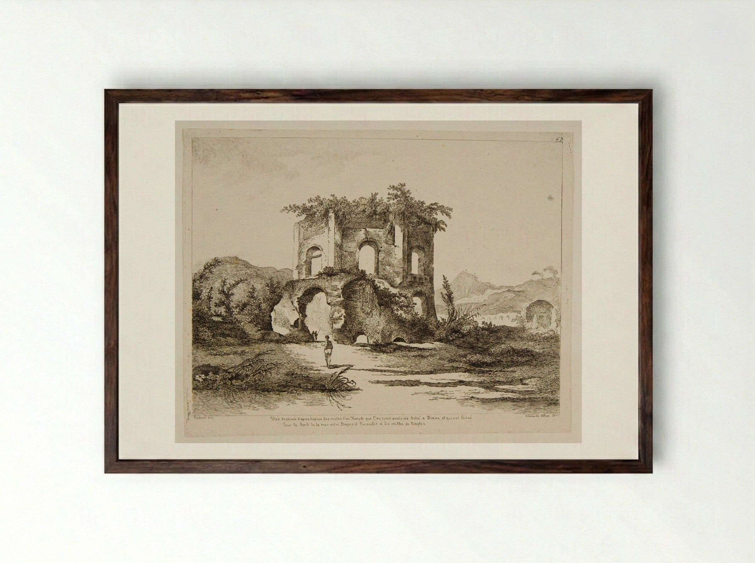 Ruins of a Temple on the Shore near Naples - Adélaide Allou - Framed Print Dark Wood