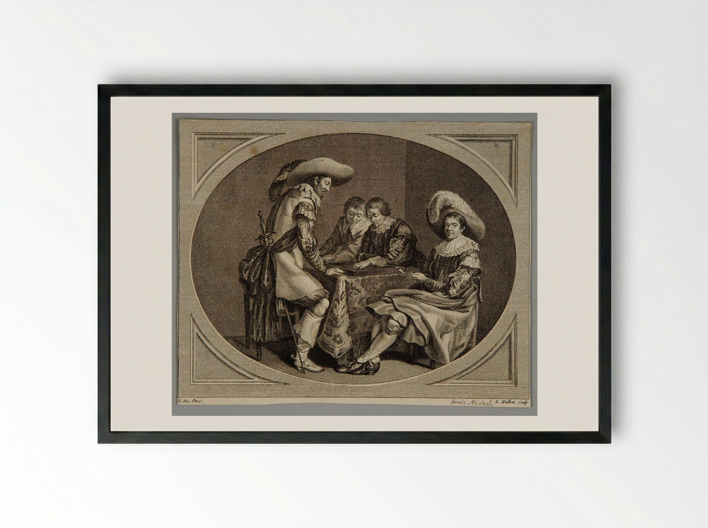 Officers Playing Backgammon - Louis Michel Halbou - Framed Print Black