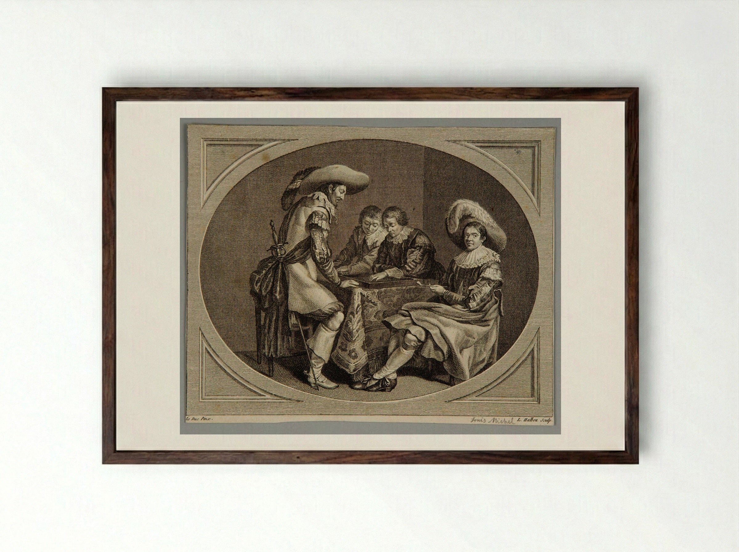 Officers Playing Backgammon - Louis Michel Halbou - Framed Print Dark Wood