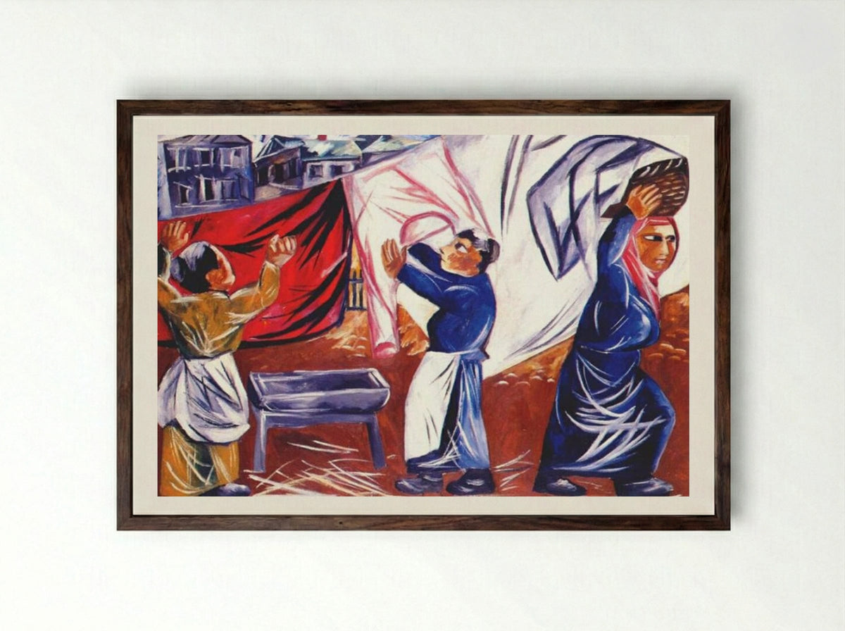 Washerwomen - Natalia Goncharova - Framed Print Dark Wood