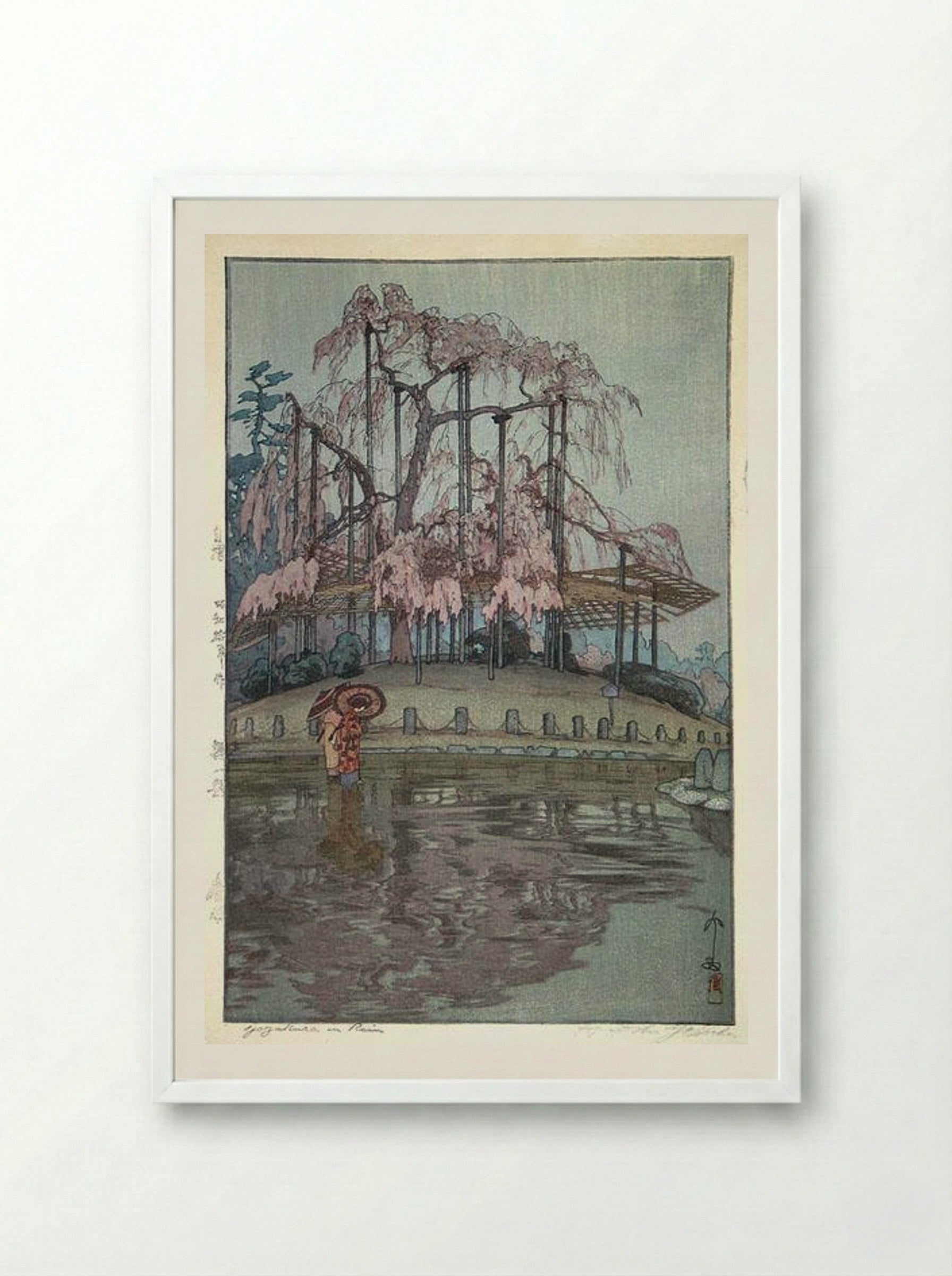 Yozakura in Rain - Hiroshi Yoshida - Framed Print White