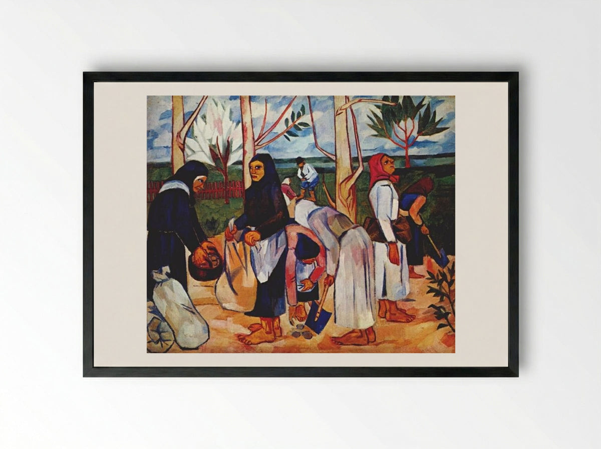 Planting Potatoes - Natalia Goncharova - Framed Print Black