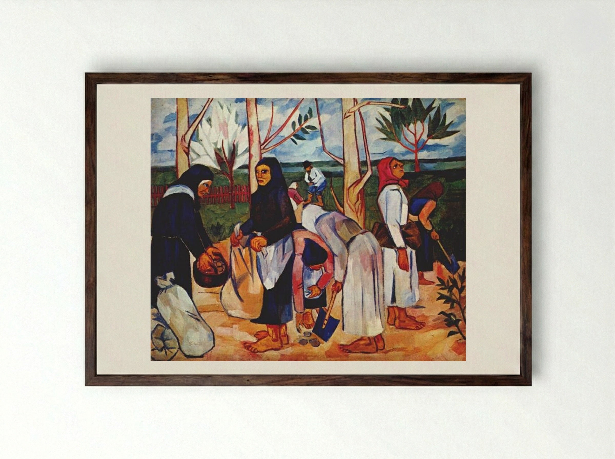 Planting Potatoes - Natalia Goncharova - Framed Print Dark Wood