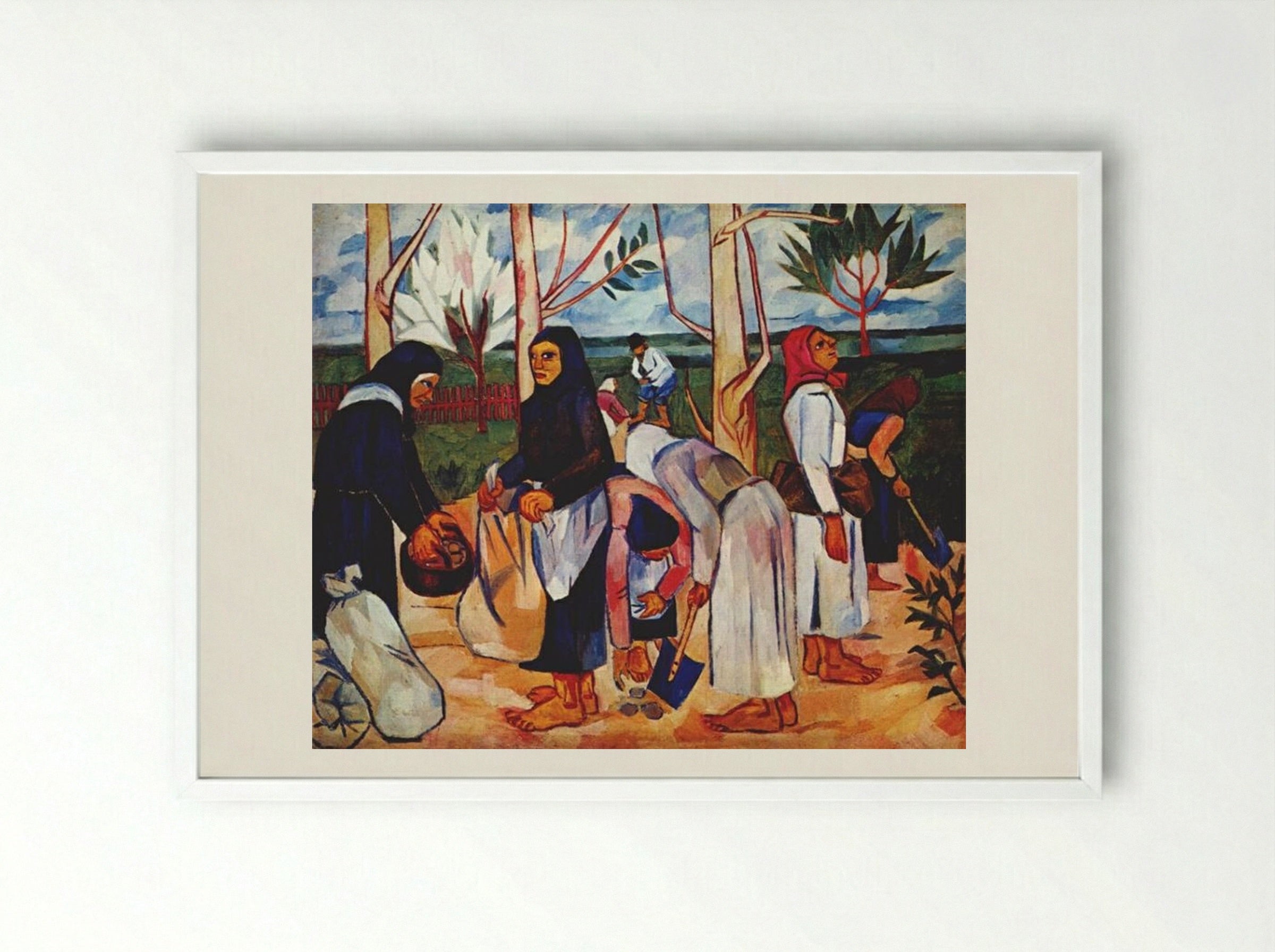 Planting Potatoes - Natalia Goncharova - Framed Print White