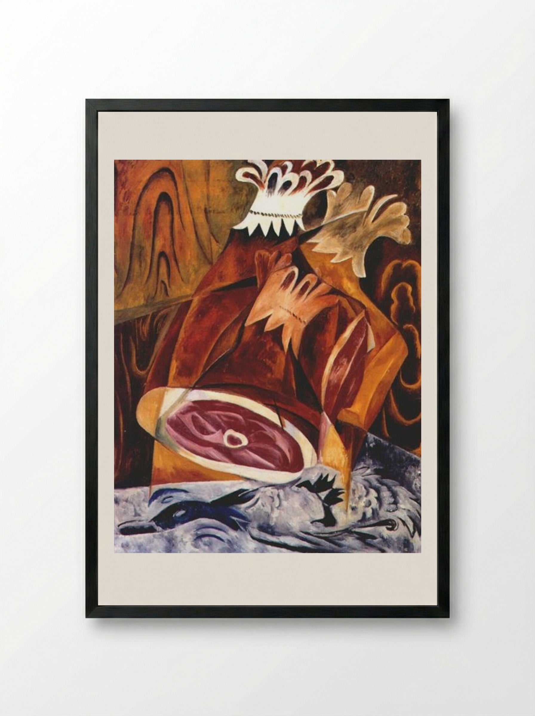 Still Life with Ham - Natalia Goncharova - Framed Print Black