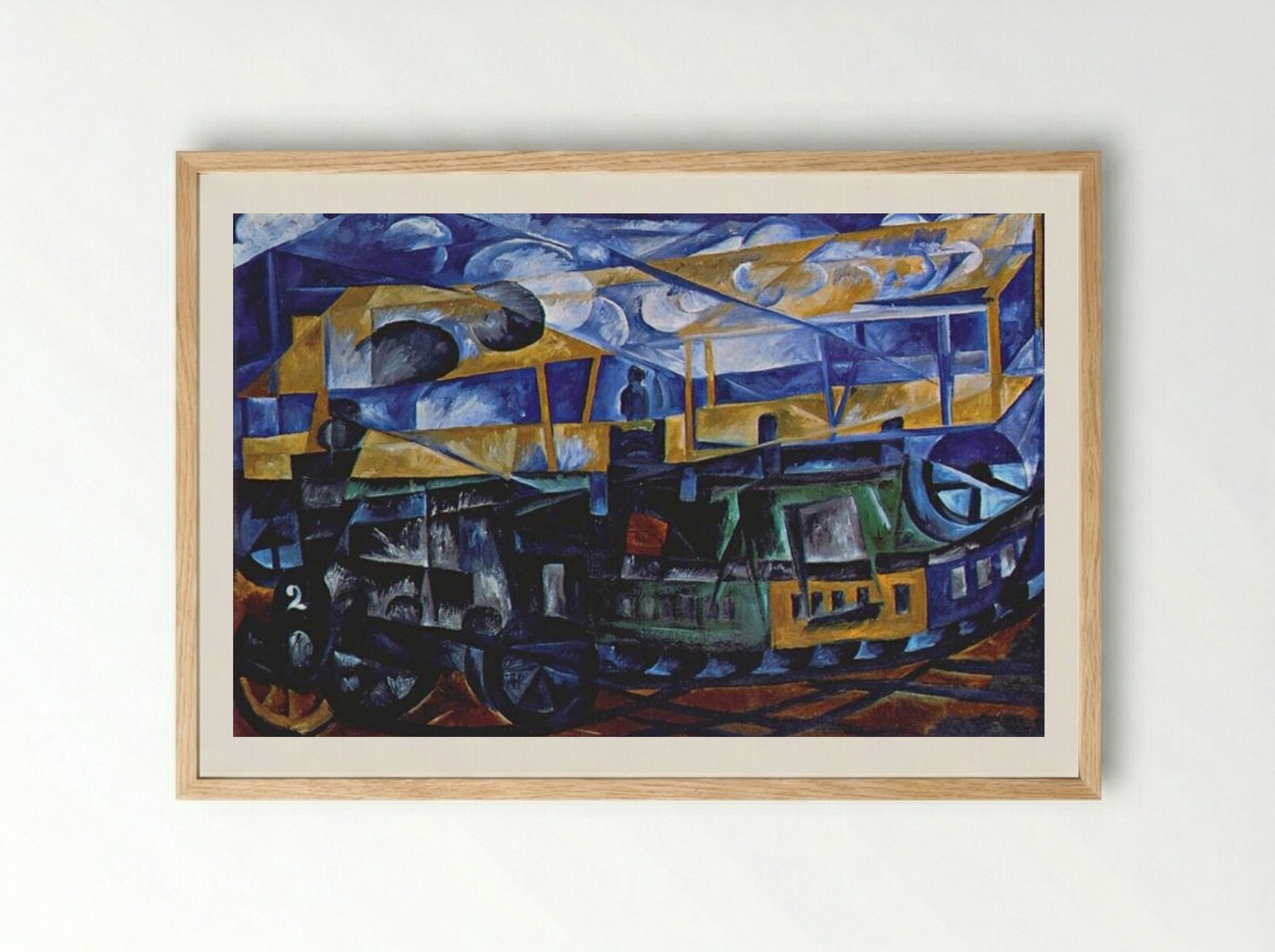 Airplane over train - Natalia Goncharova - Framed Print Wood