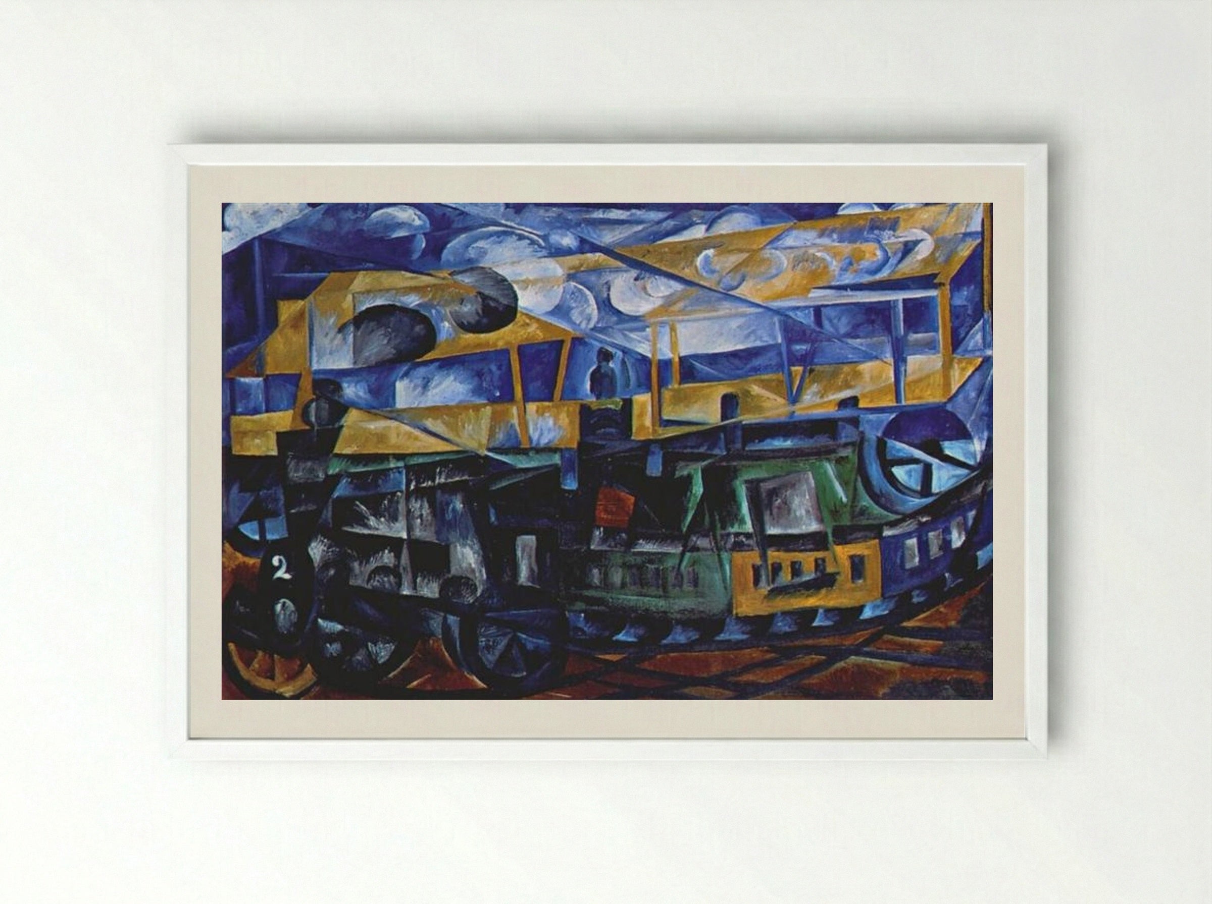 Airplane over train - Natalia Goncharova - Framed Print White