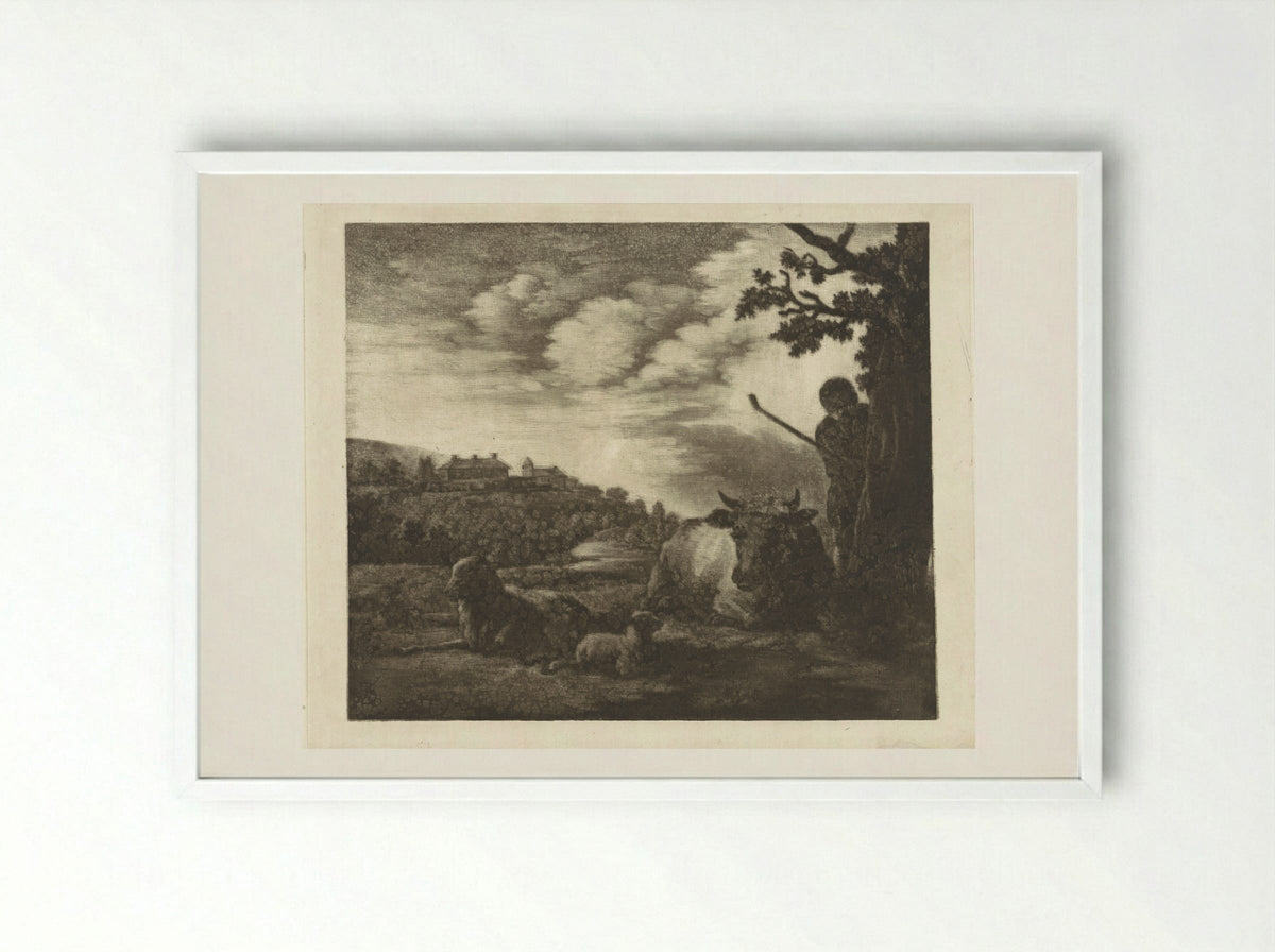 Landschap met een herder - Dirk van der Toorn - Framed Print White