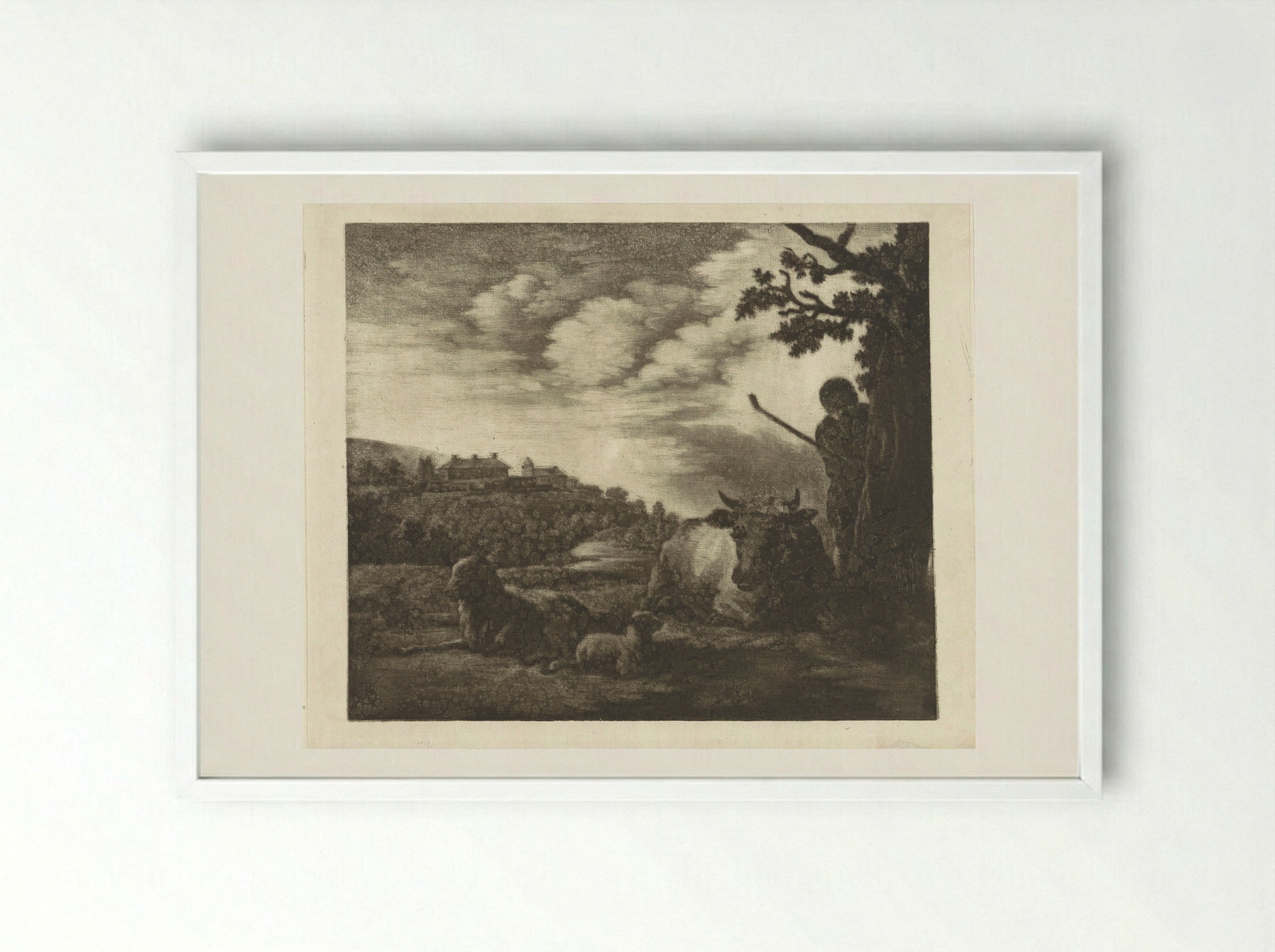 Landschap met een herder - Dirk van der Toorn - Framed Print White