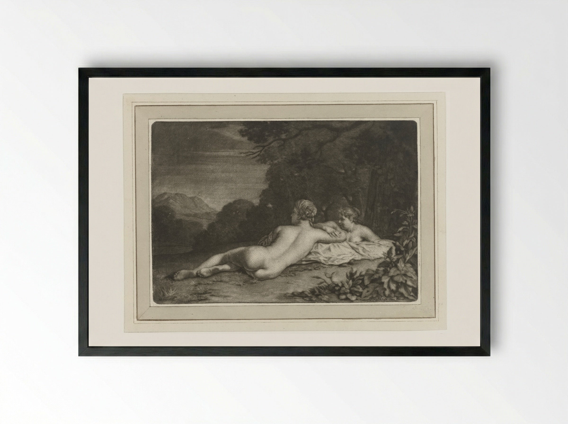 Landschap met twee nimfen - Gerard Valck - Framed Print Black