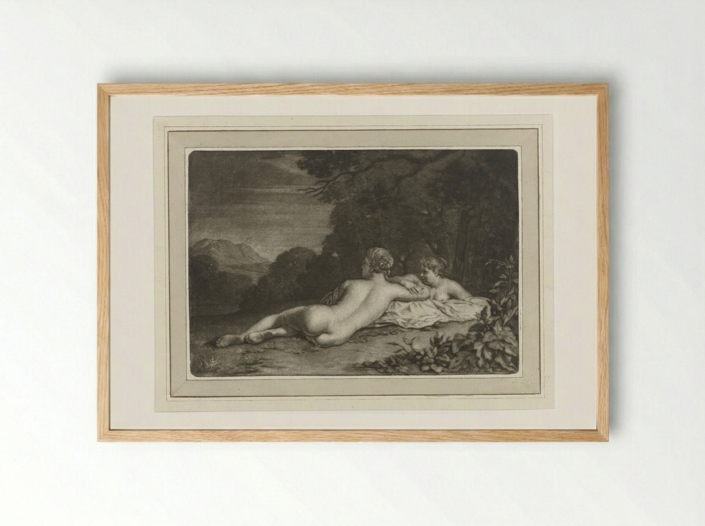 Landschap met twee nimfen - Gerard Valck - Framed Print Wood