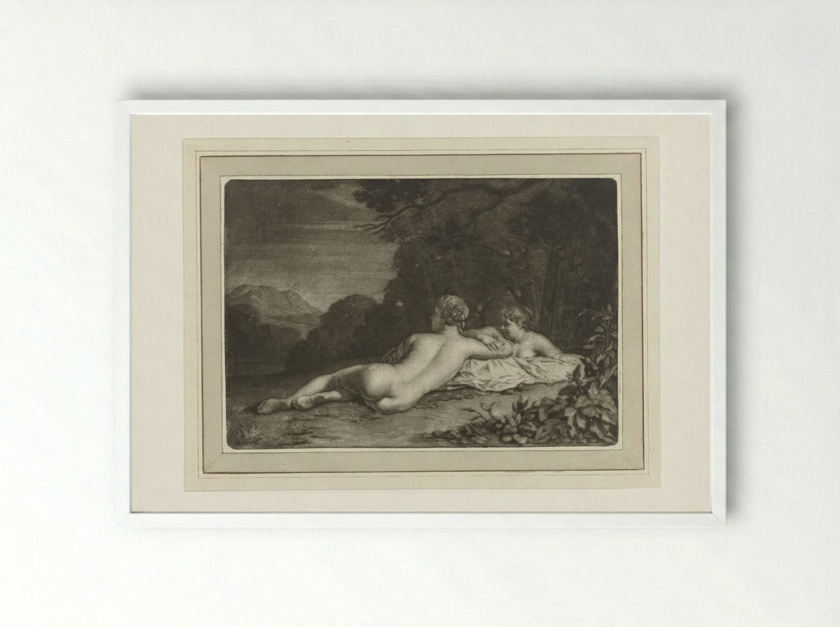 Landschap met twee nimfen - Gerard Valck - Framed Print White