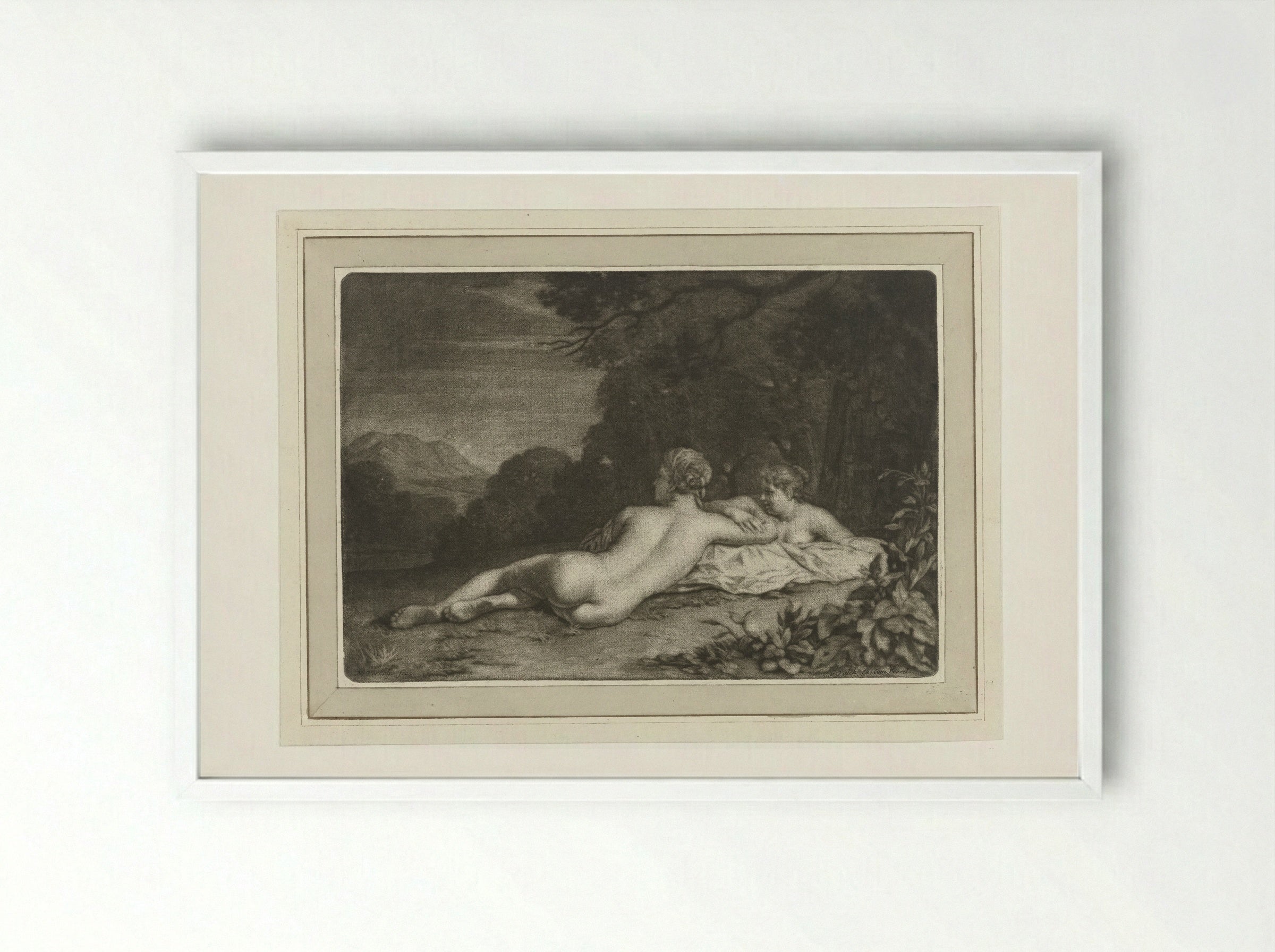 Landschap met twee nimfen - Gerard Valck - Framed Print White