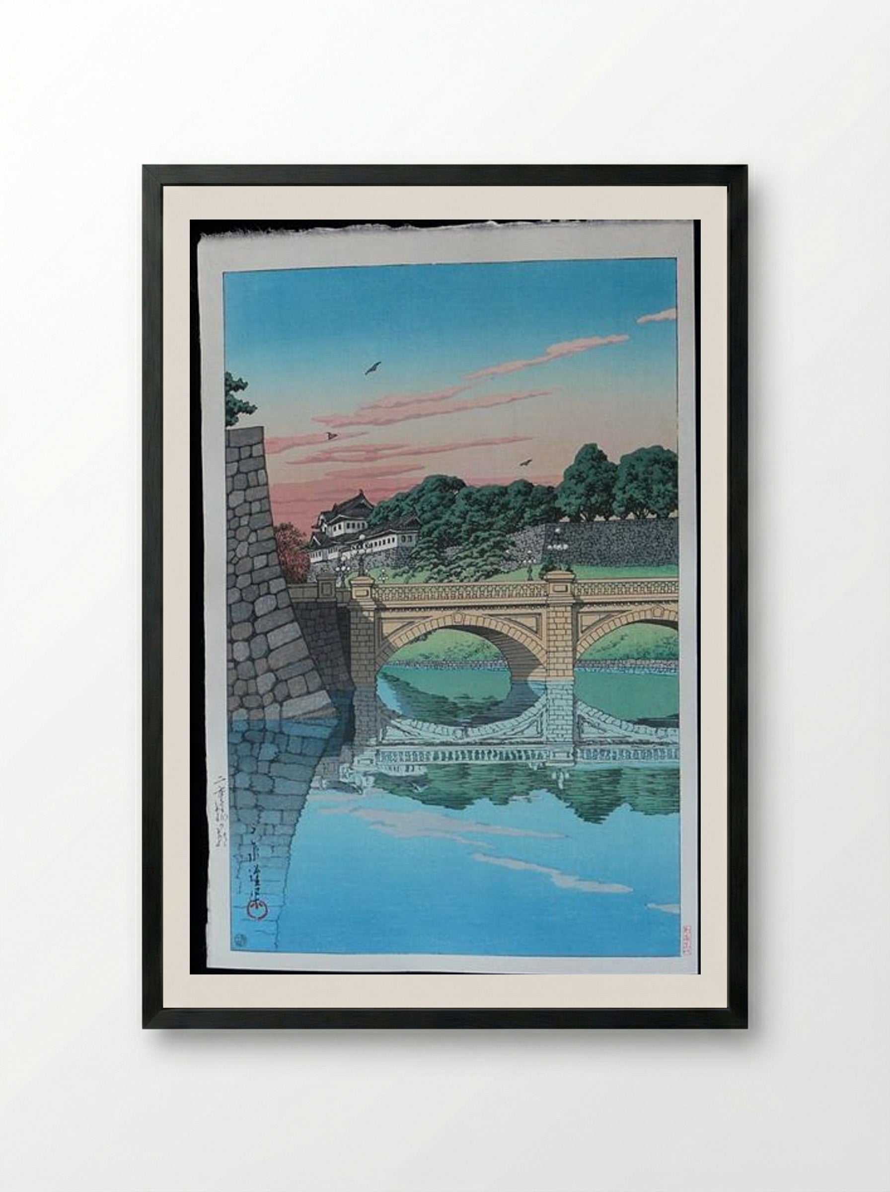 Morning at Nijubashi Bridge - Hasui Kawase - Framed Print Black