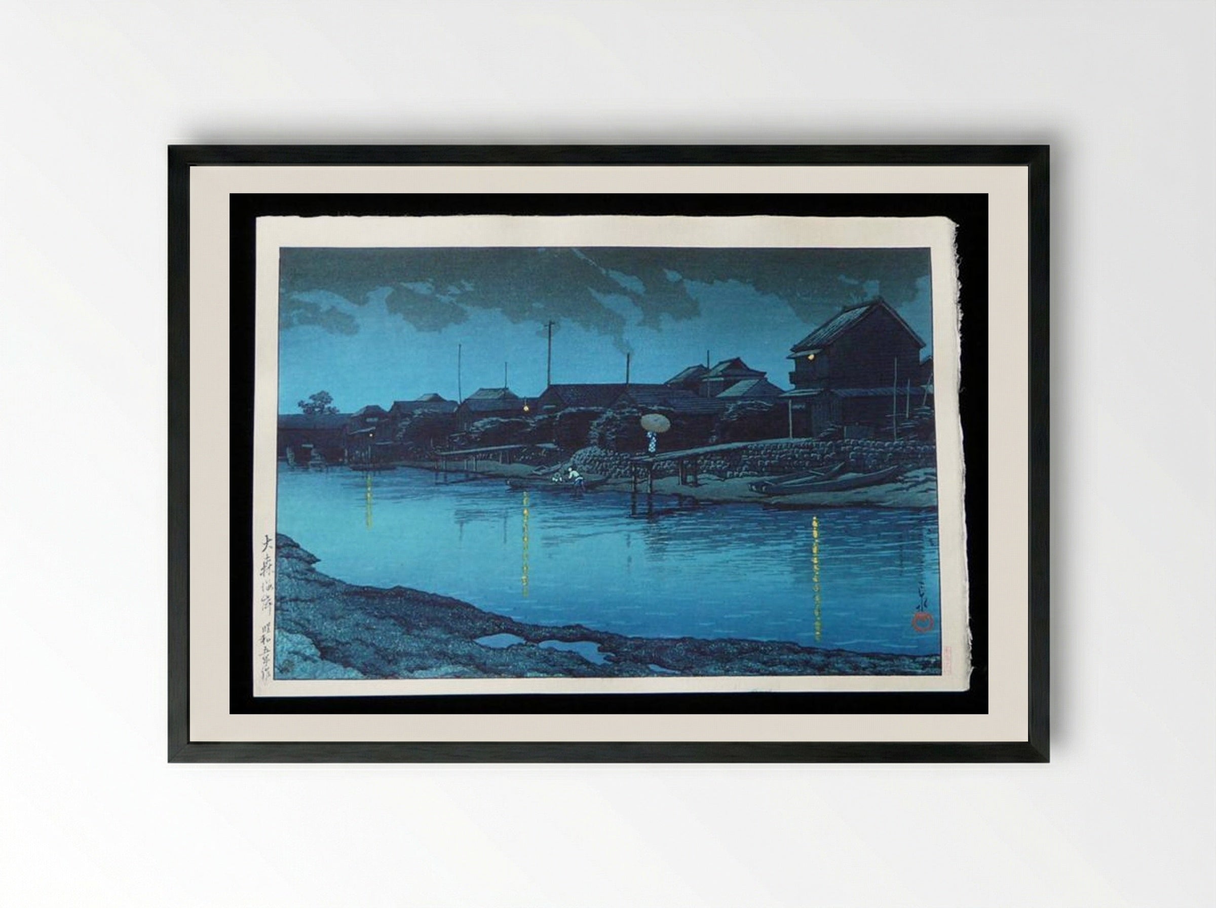Omori Beach at Night - Hasui Kawase - Framed Print Black