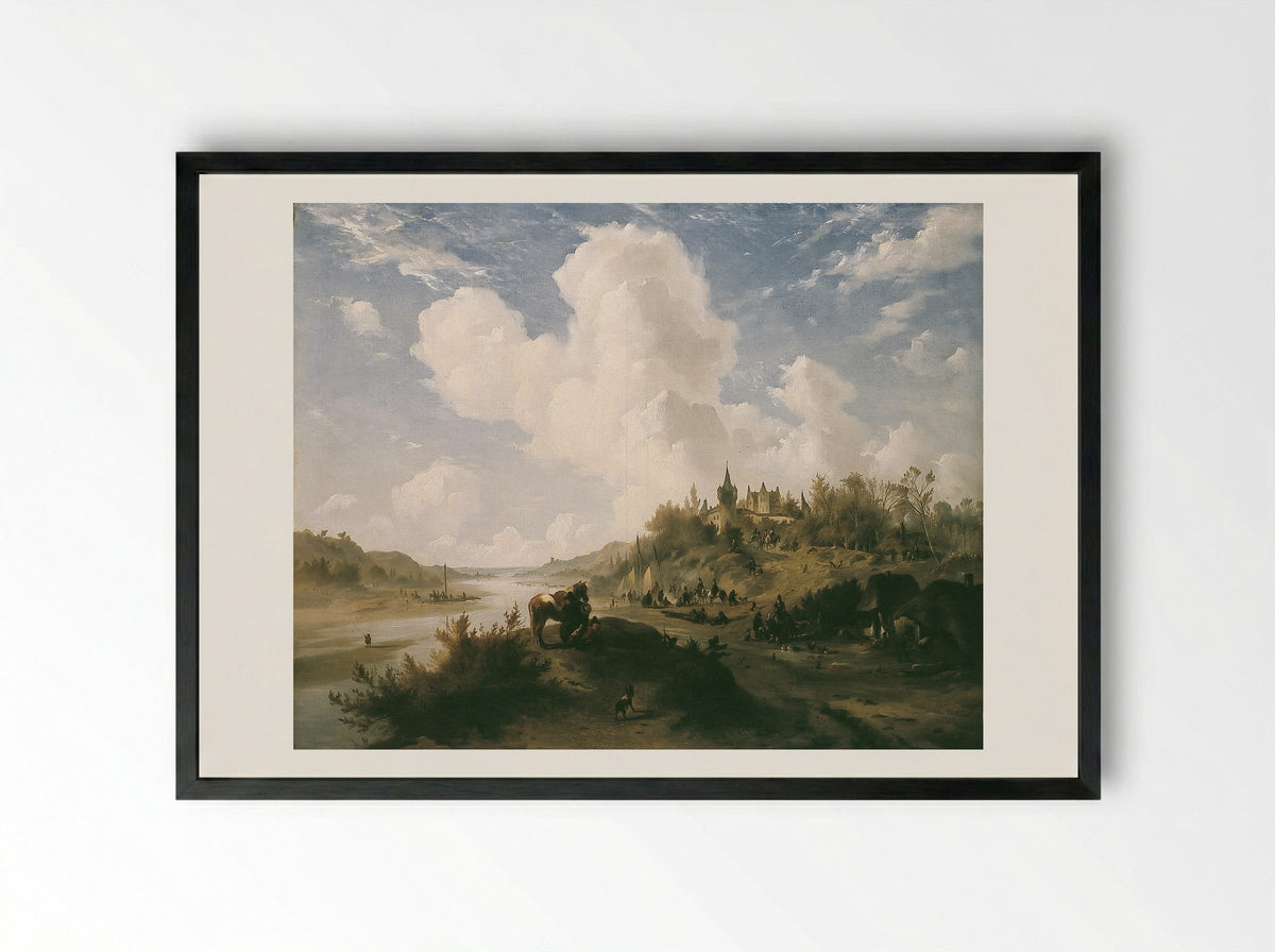 River Scene with Figures and Castle - Johannes Tavenraat - Framed Print Black
