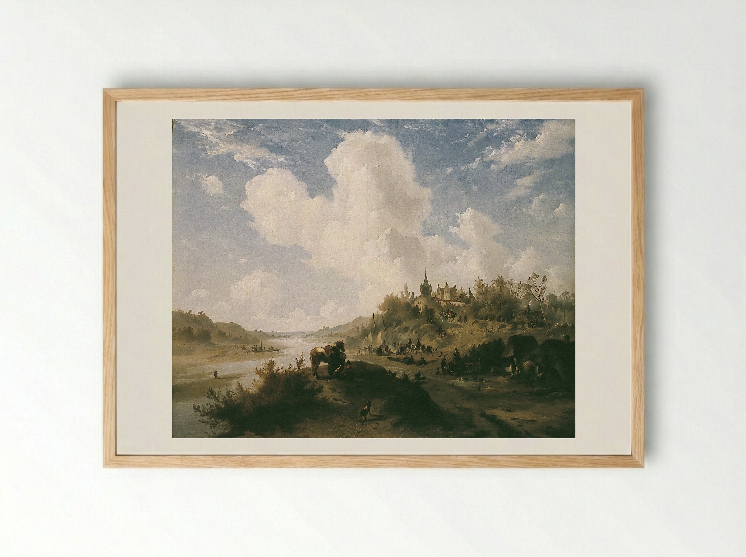 River Scene with Figures and Castle - Johannes Tavenraat - Framed Print Wood