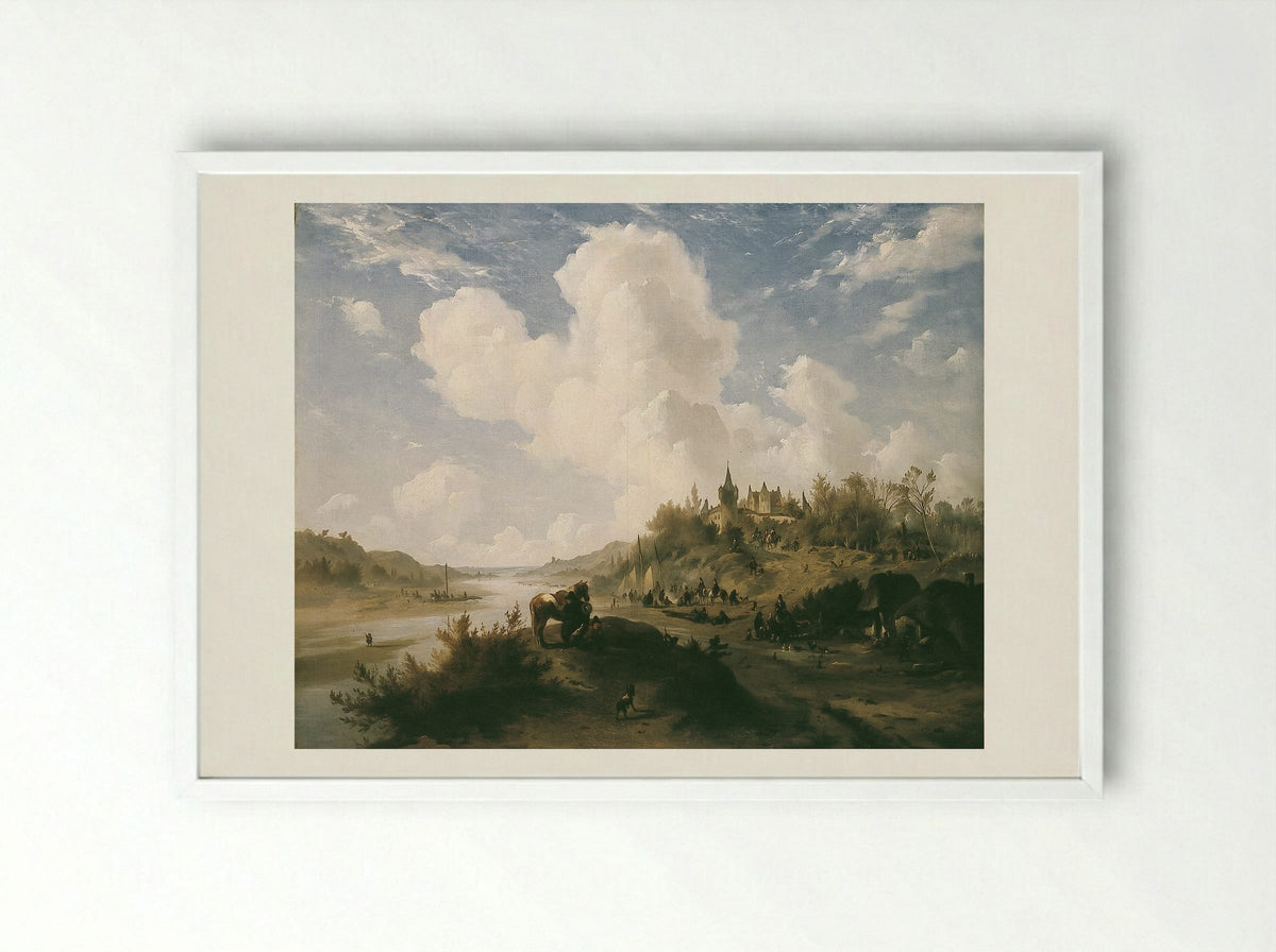 River Scene with Figures and Castle - Johannes Tavenraat - Framed Print White