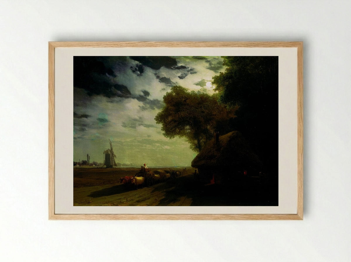 Ukrainian Landscape with Chumaks in the Moonlight - Ivan Aivazovsky - Framed Print Wood