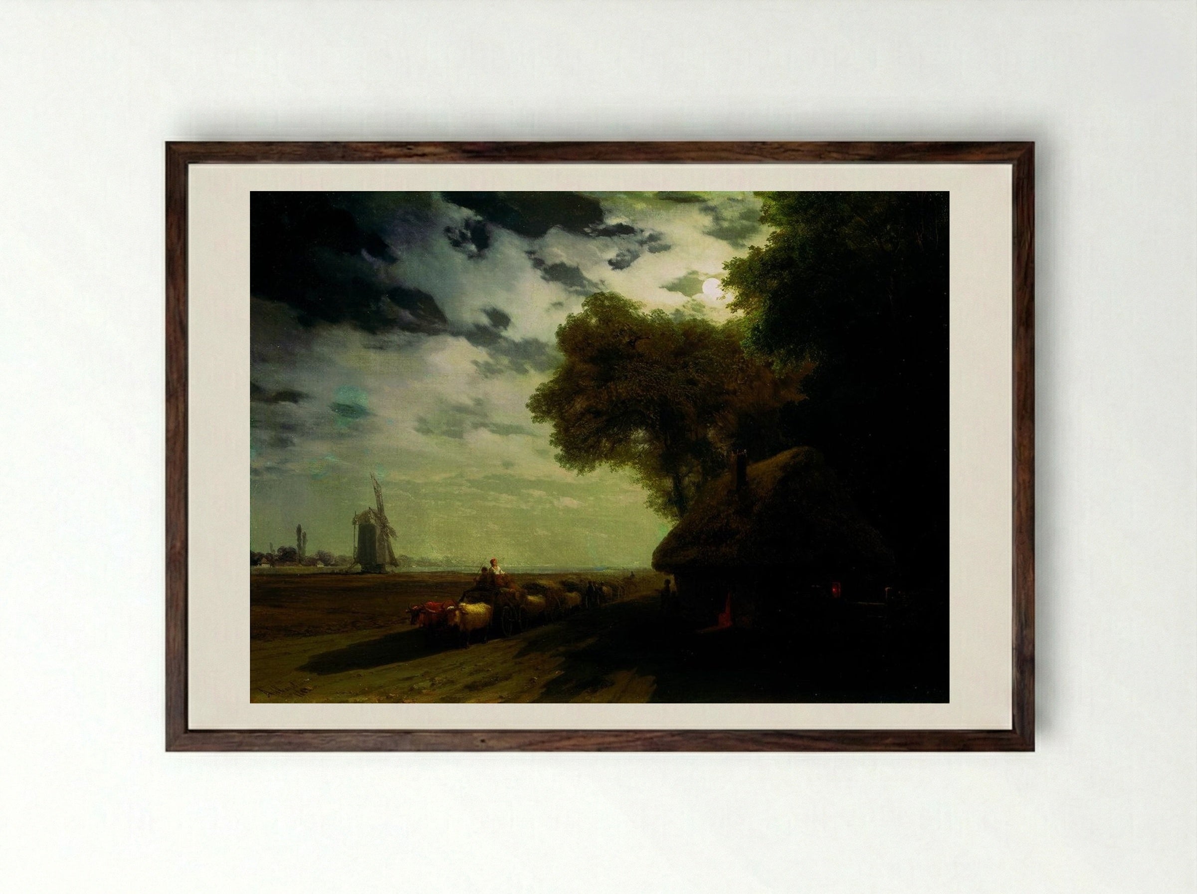 Ukrainian Landscape with Chumaks in the Moonlight - Ivan Aivazovsky - Framed Print Dark Wood