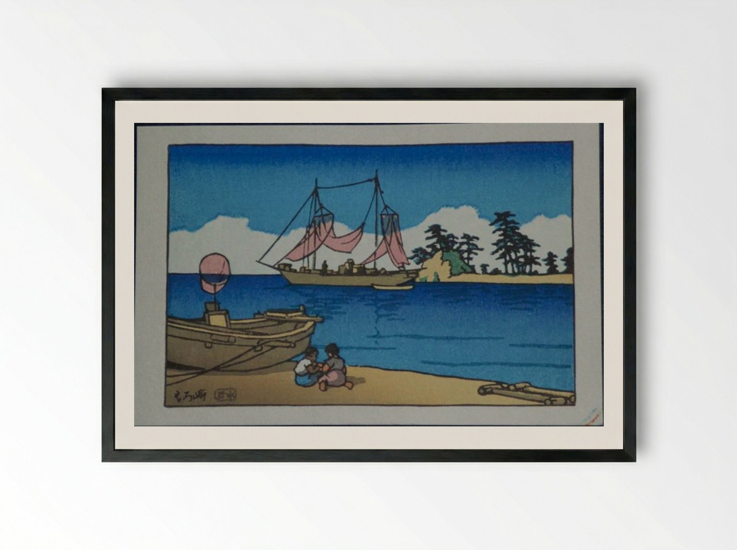 Children at the Seaside - Hasui Kawase - Framed Print Black
