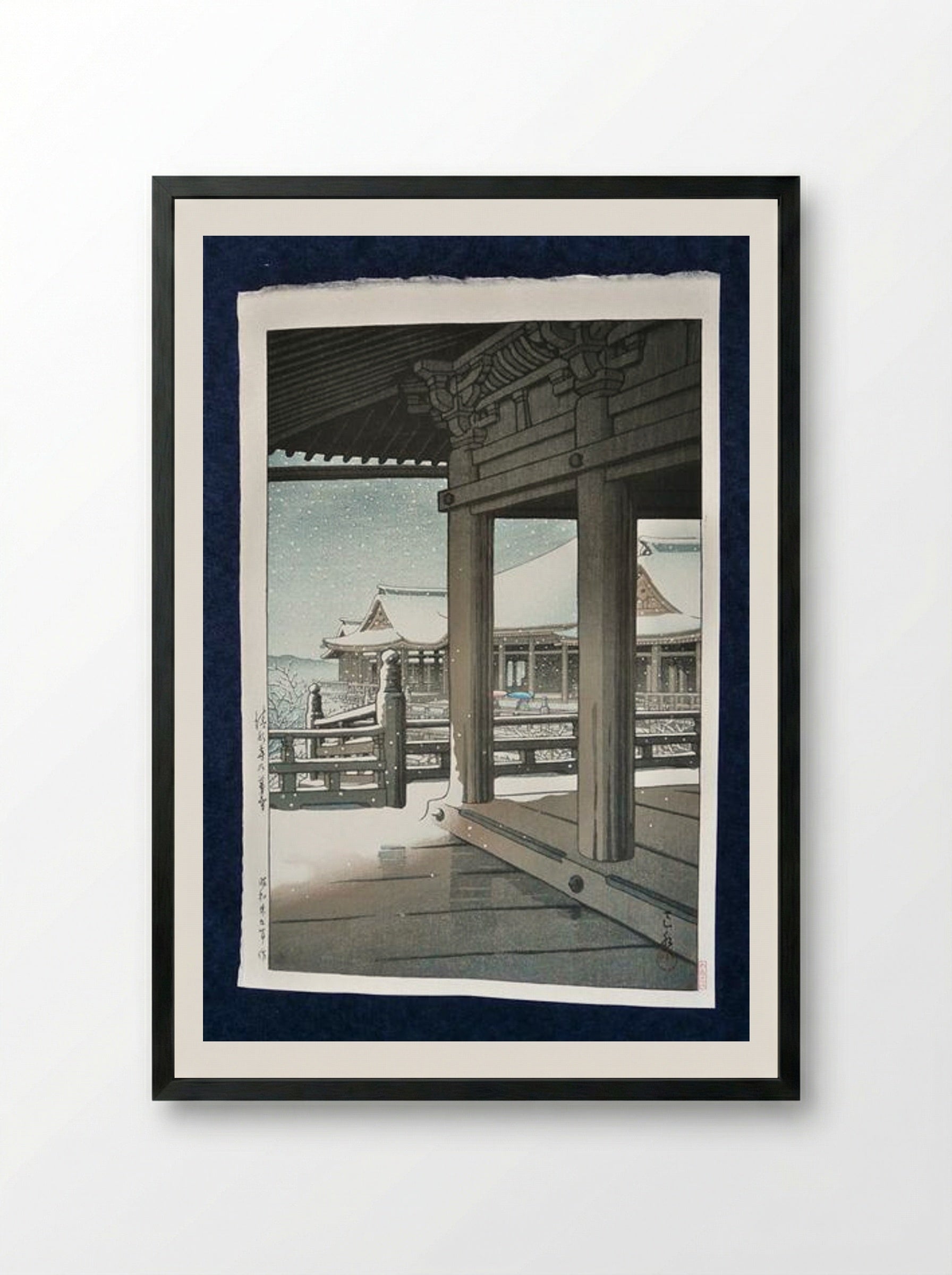 Snow Fall at Kiyomizu Temple, Kyoto - Hasui Kawase - Framed Print Black